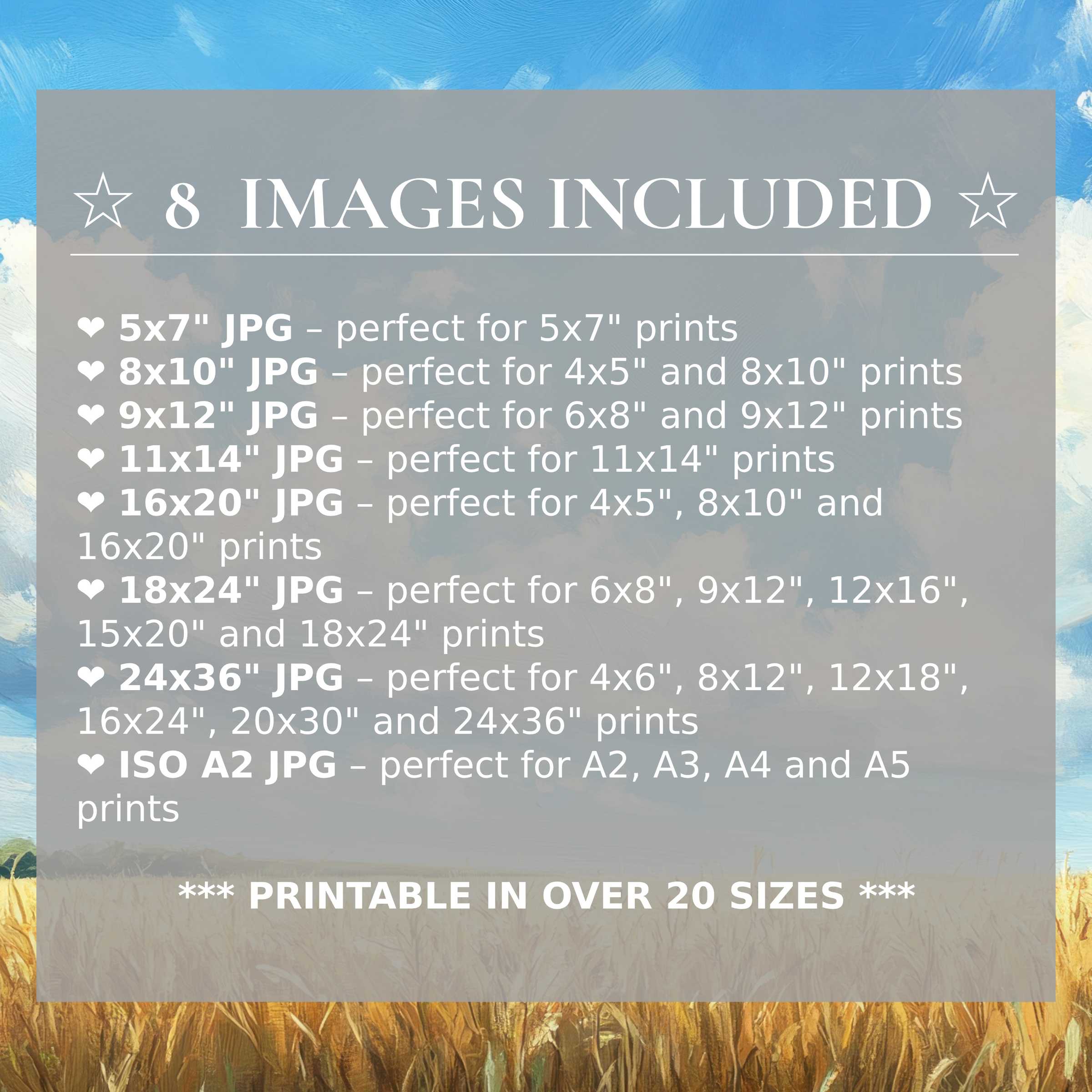 Radiant farmhouse digital print in soothing blues and warm earth tones, elevating interiors with timeless style; includes 8 sizes