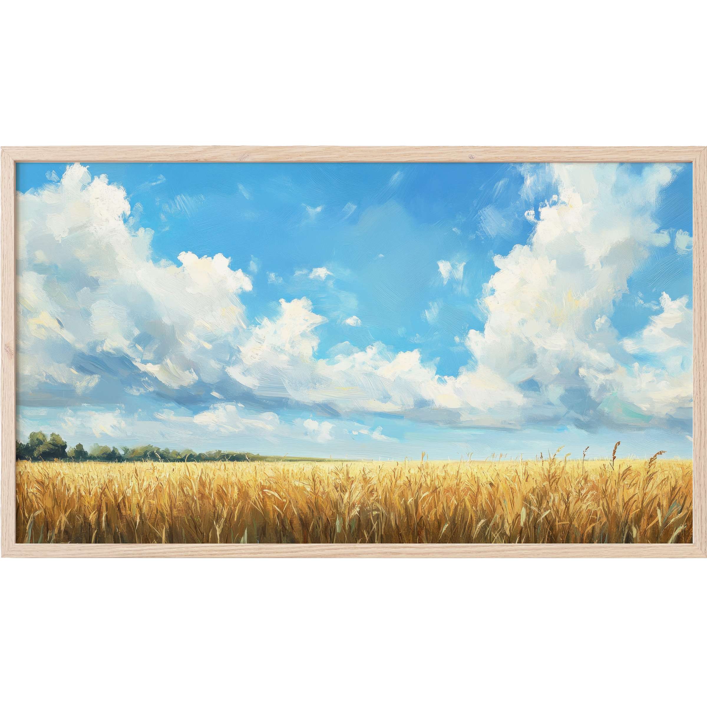 Farmhouse Frame TV Art depicting golden wheat fields under a vivid blue sky with soft, textured clouds
