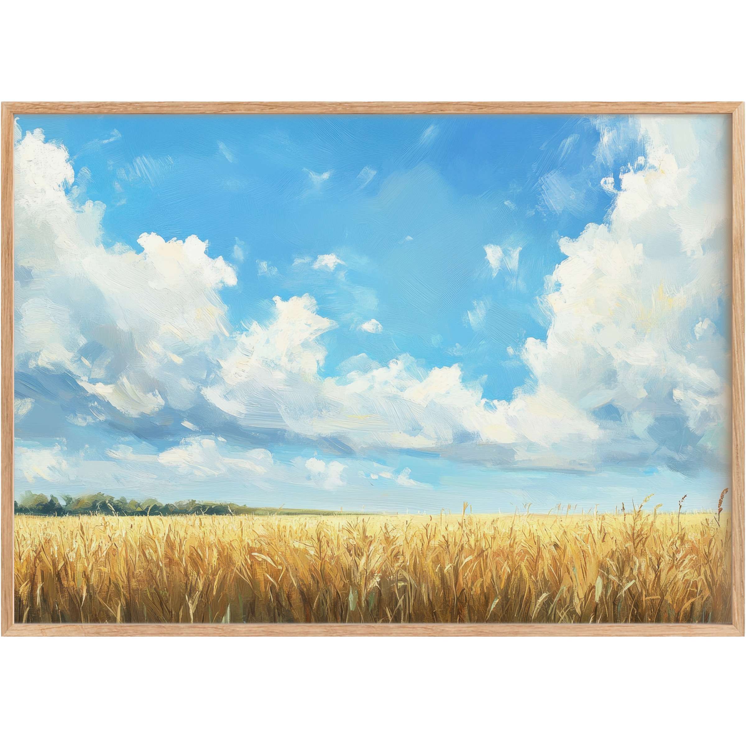 Golden wheat fields under a radiant blue sky evoke warmth and tranquility in this farmhouse printable wall art