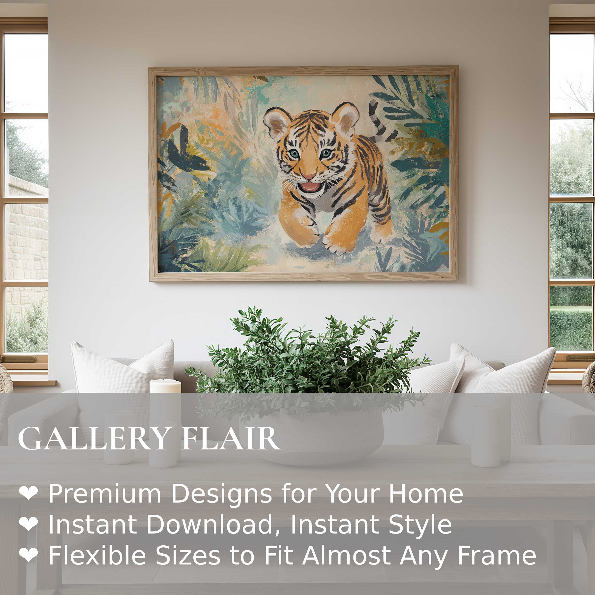 Playful tiger cub nursery wall art print in soft, calming tones, enhancing modern minimalist interiors with joyful, nature-inspired charm