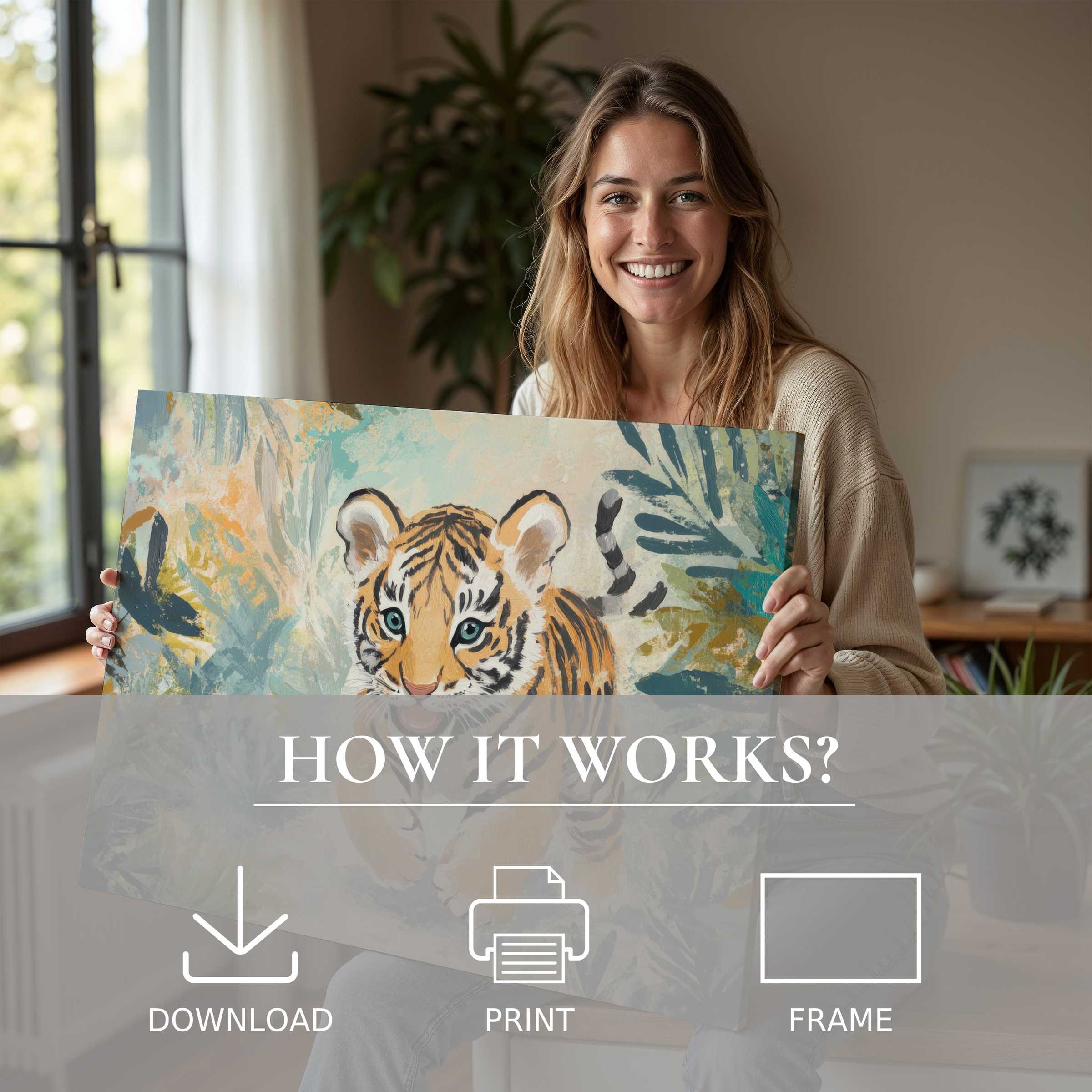 A serene moment of joy and connection as a woman shares a vibrant nursery digital art print, blending warm earth tones with playful wildlife charm in a modern, sunlit home