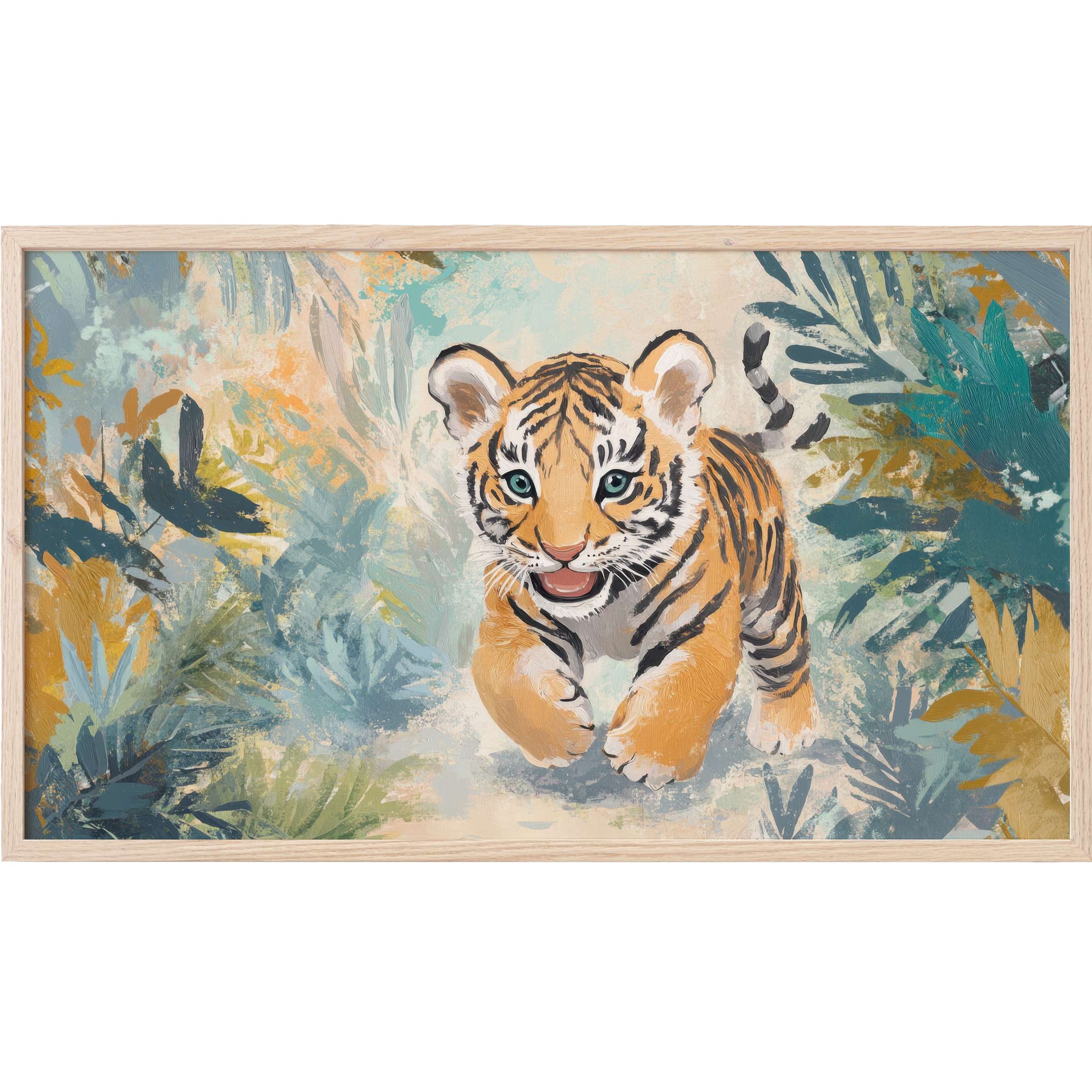 Charming tiger cub in soft blues, greens, and ochres with painterly strokes, nursery Frame TV Art for stylish spaces