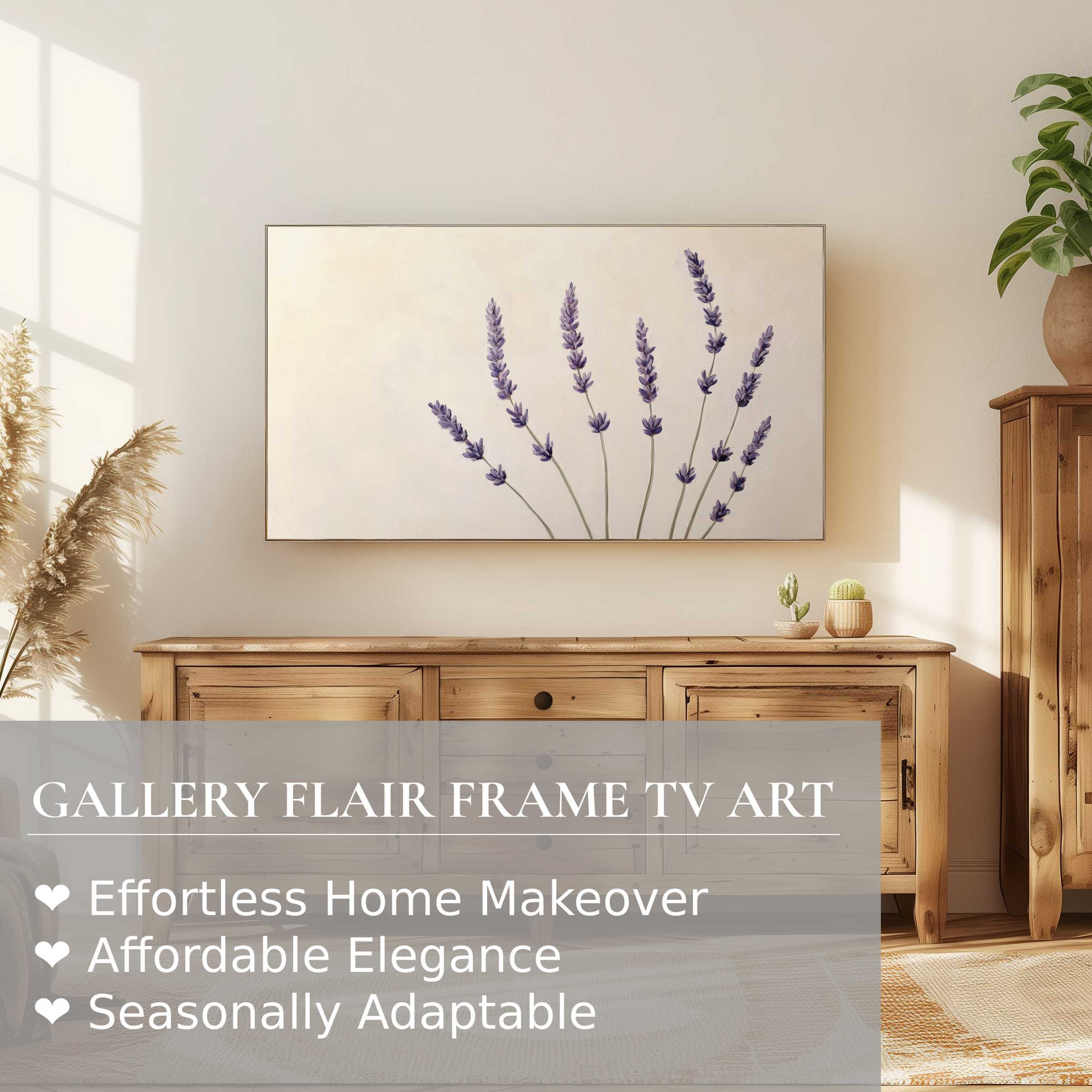Elegant Samsung Frame TV displaying subtle floral digital artwork in a serene, modern living space with natural wood tones