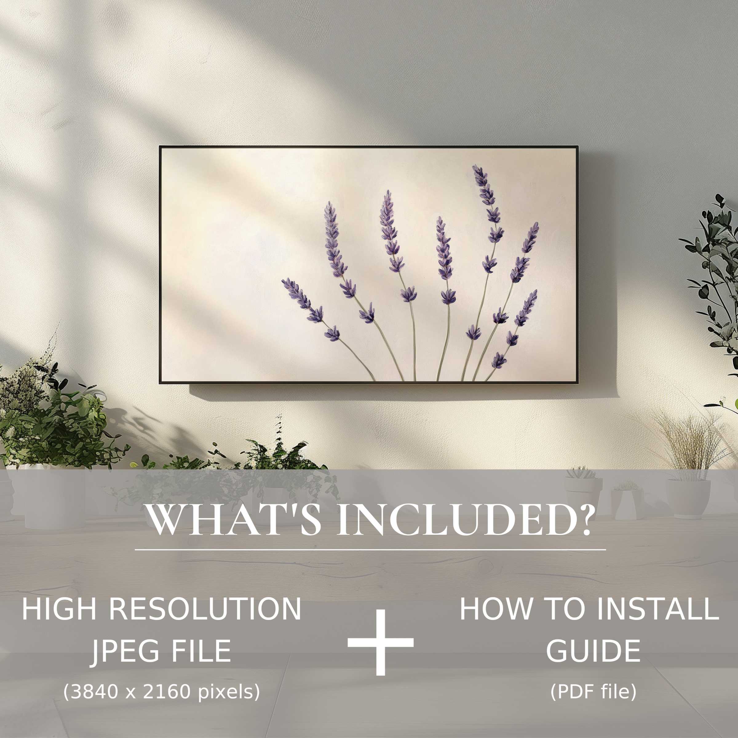 Elegant living room with floral digital TV art download, easy digital use enhances modern decor effortlessly