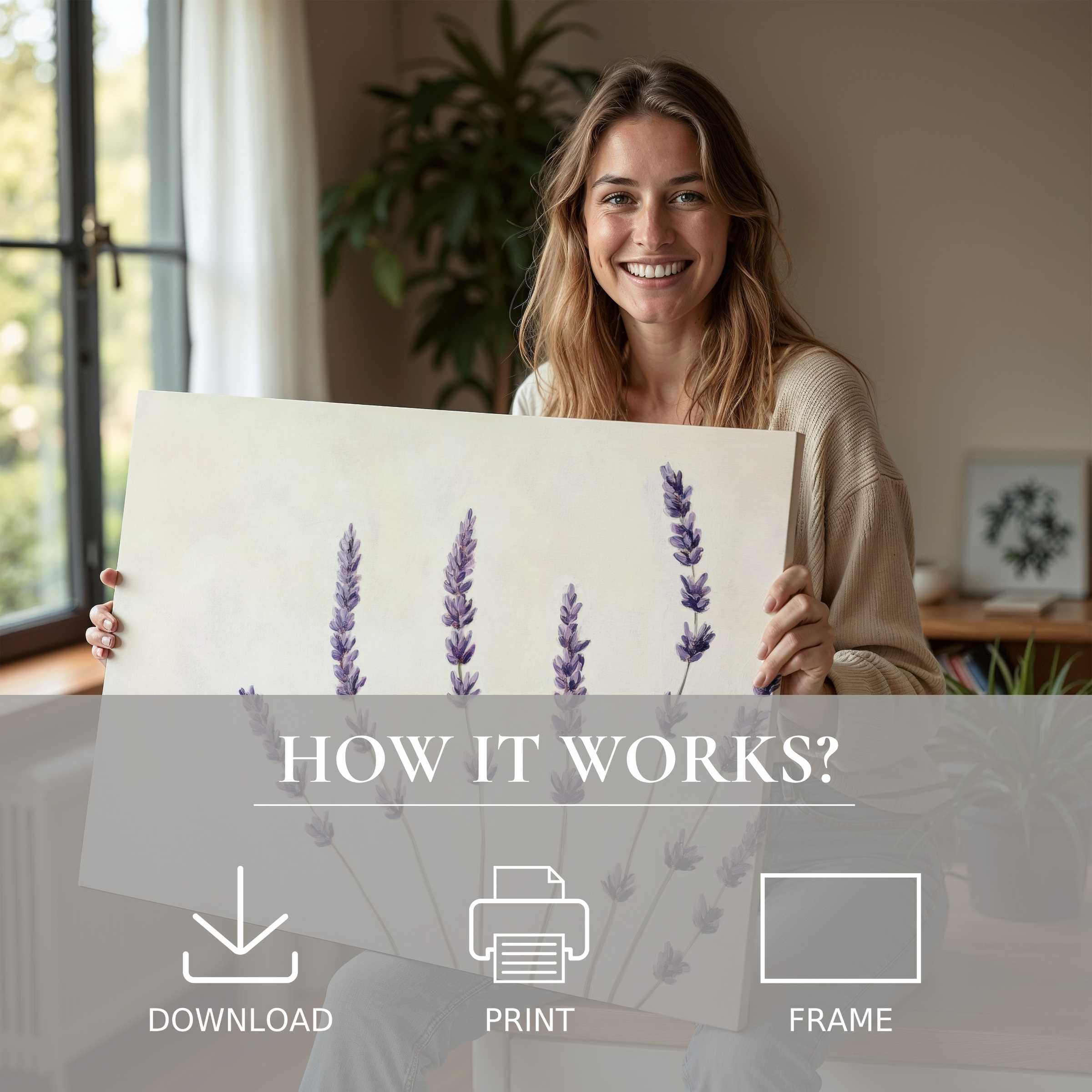 Joyful connection with floral digital art print in a serene modern home, embodying effortless elegance and natural beauty