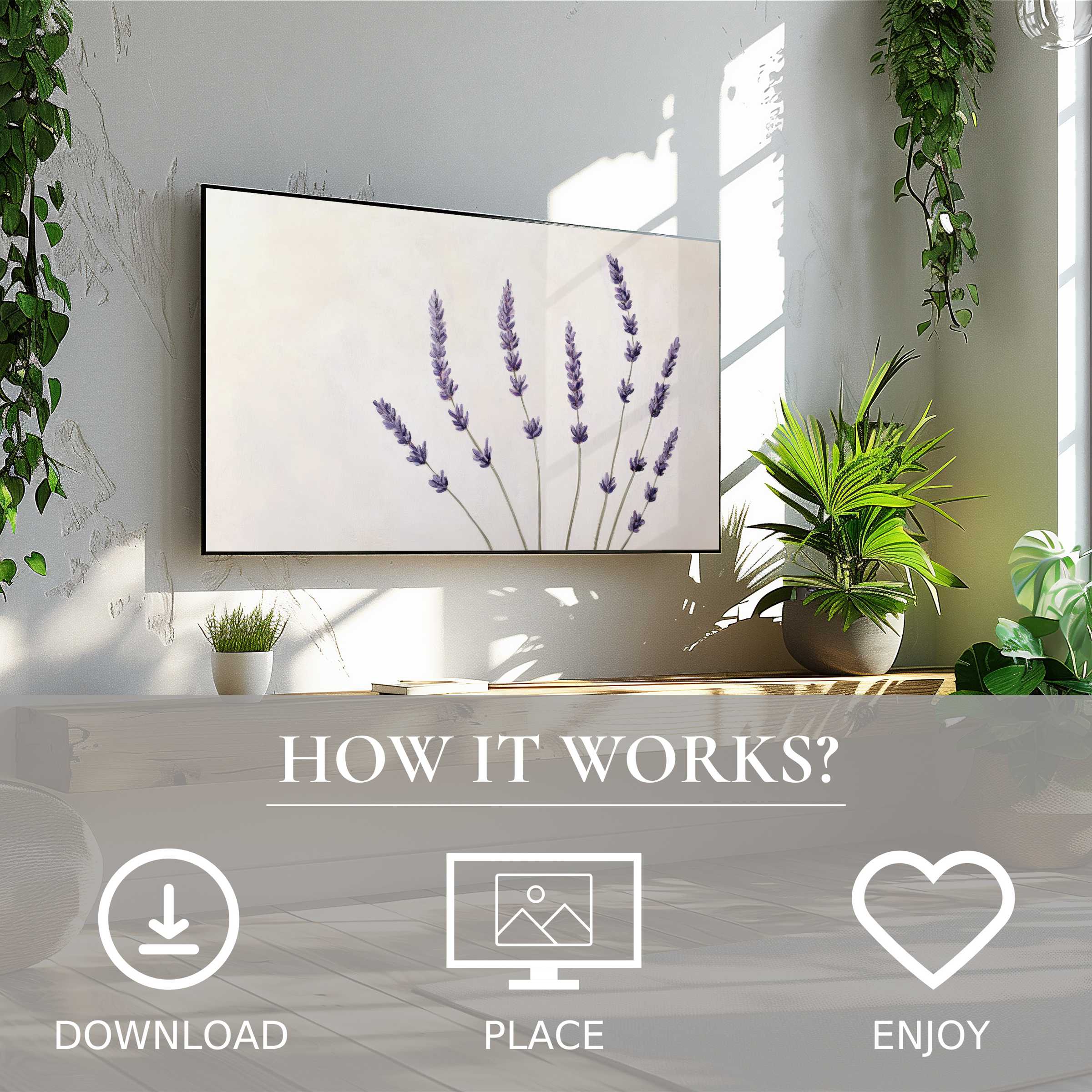 Floral art for Samsung TV with soft lavender motif, perfect digital download to elevate modern living spaces with ease
