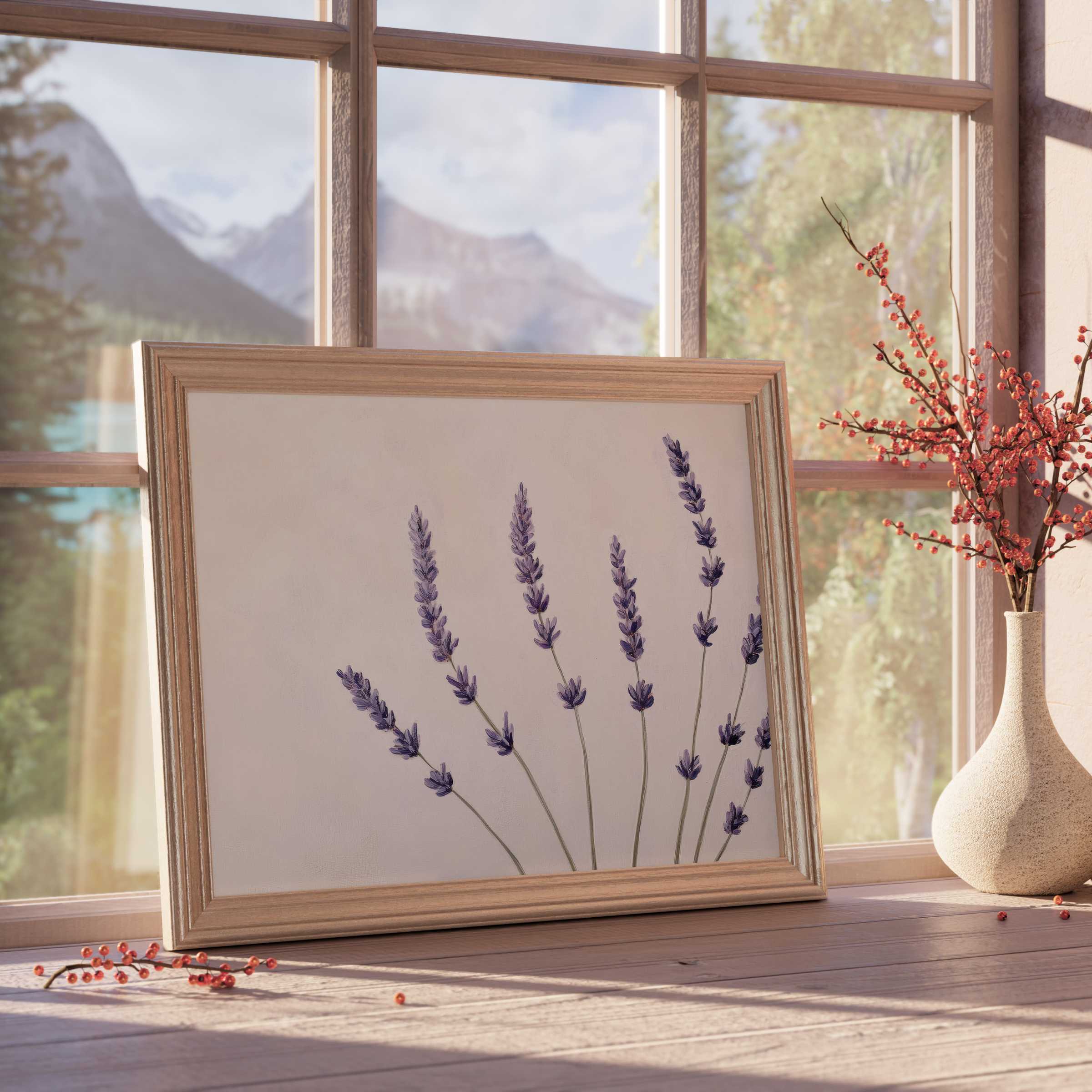 Elegant floral downloadable art featuring delicate lavender sprigs in a light wood frame, enhancing serene, curated interiors with calm sophistication