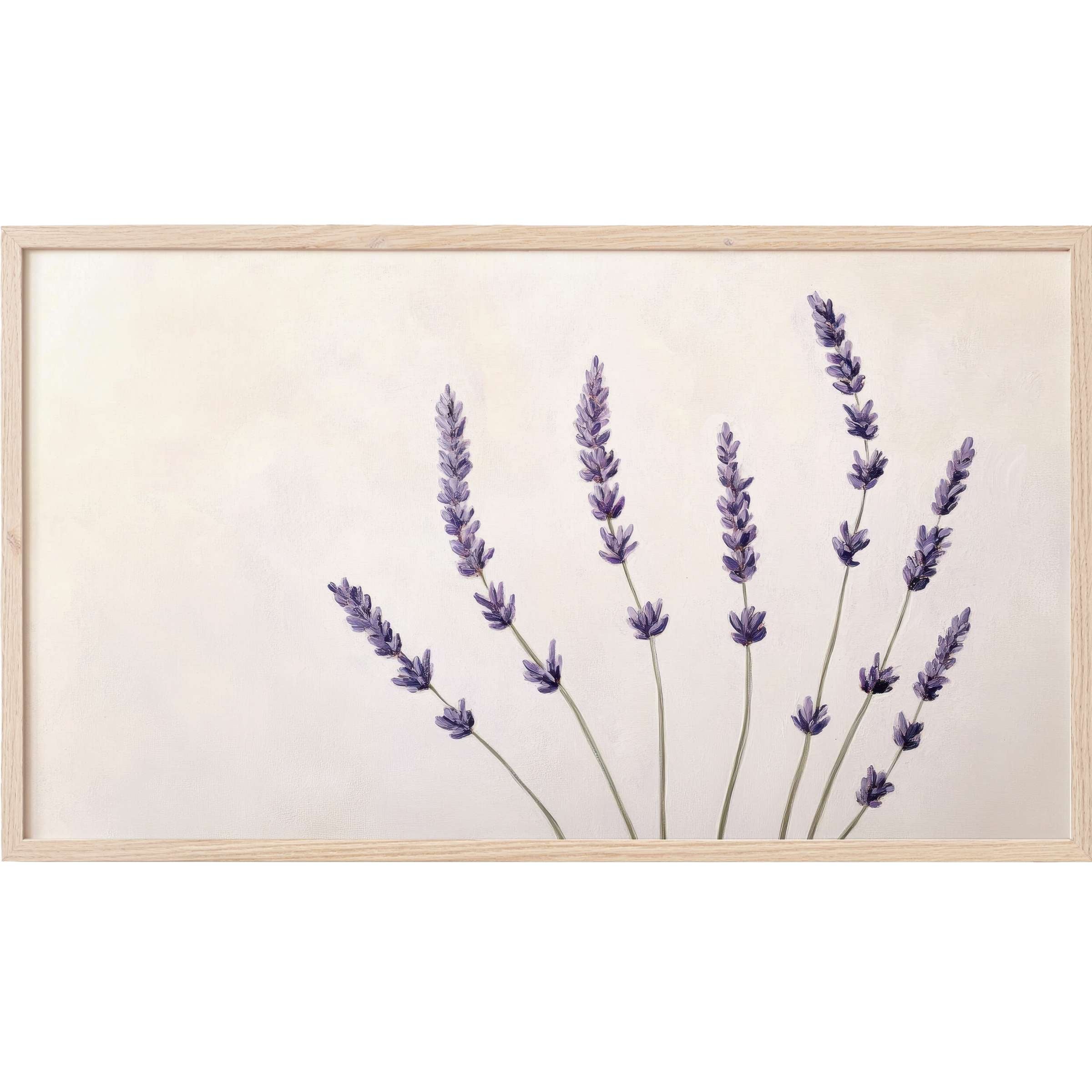 Floral Frame TV Art with delicate lavender sprigs in soft purples on a muted cream background, framed in light wood