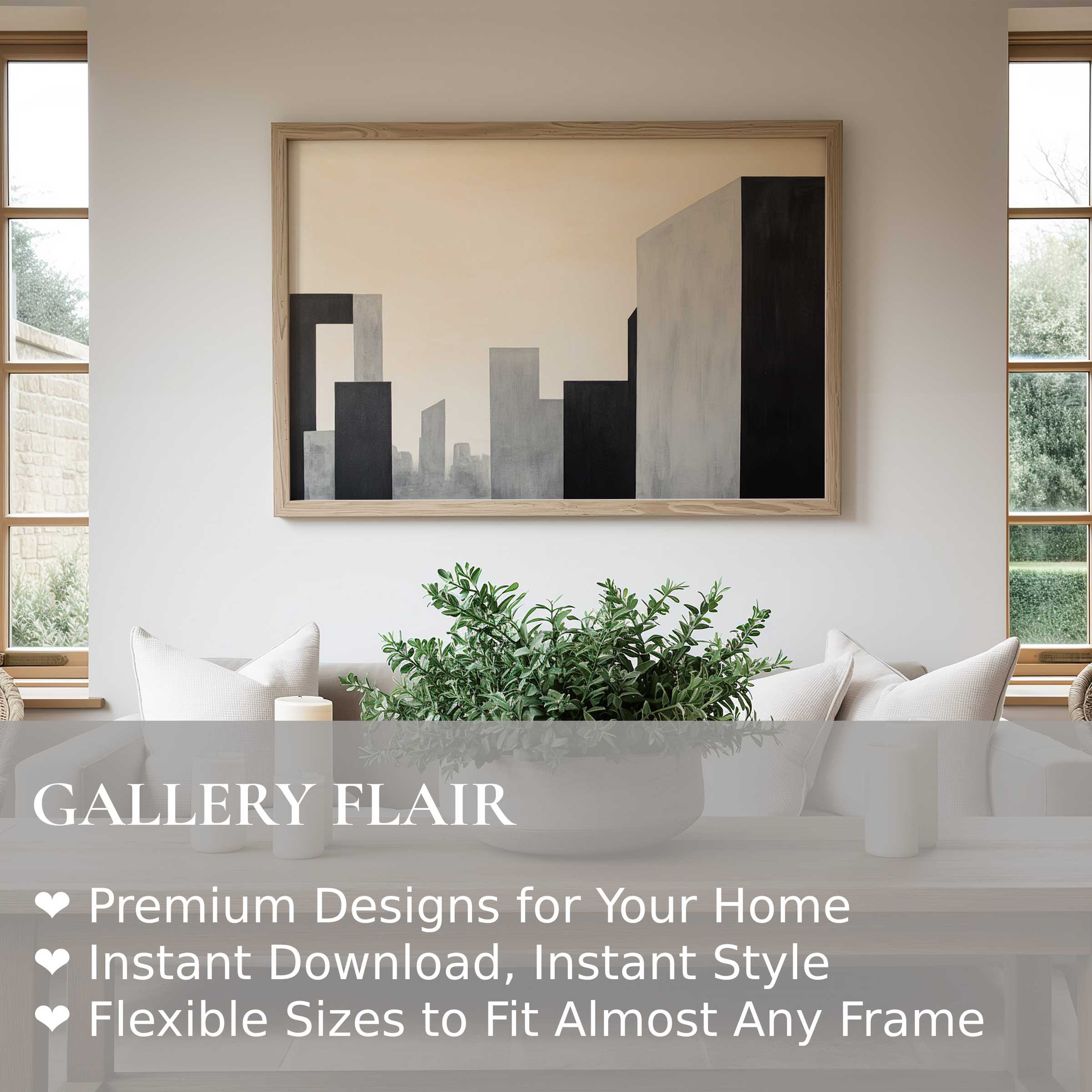 Minimalist wall art print featuring abstract cityscape in muted tones, elevating serene modern interiors with subtle architectural elegance