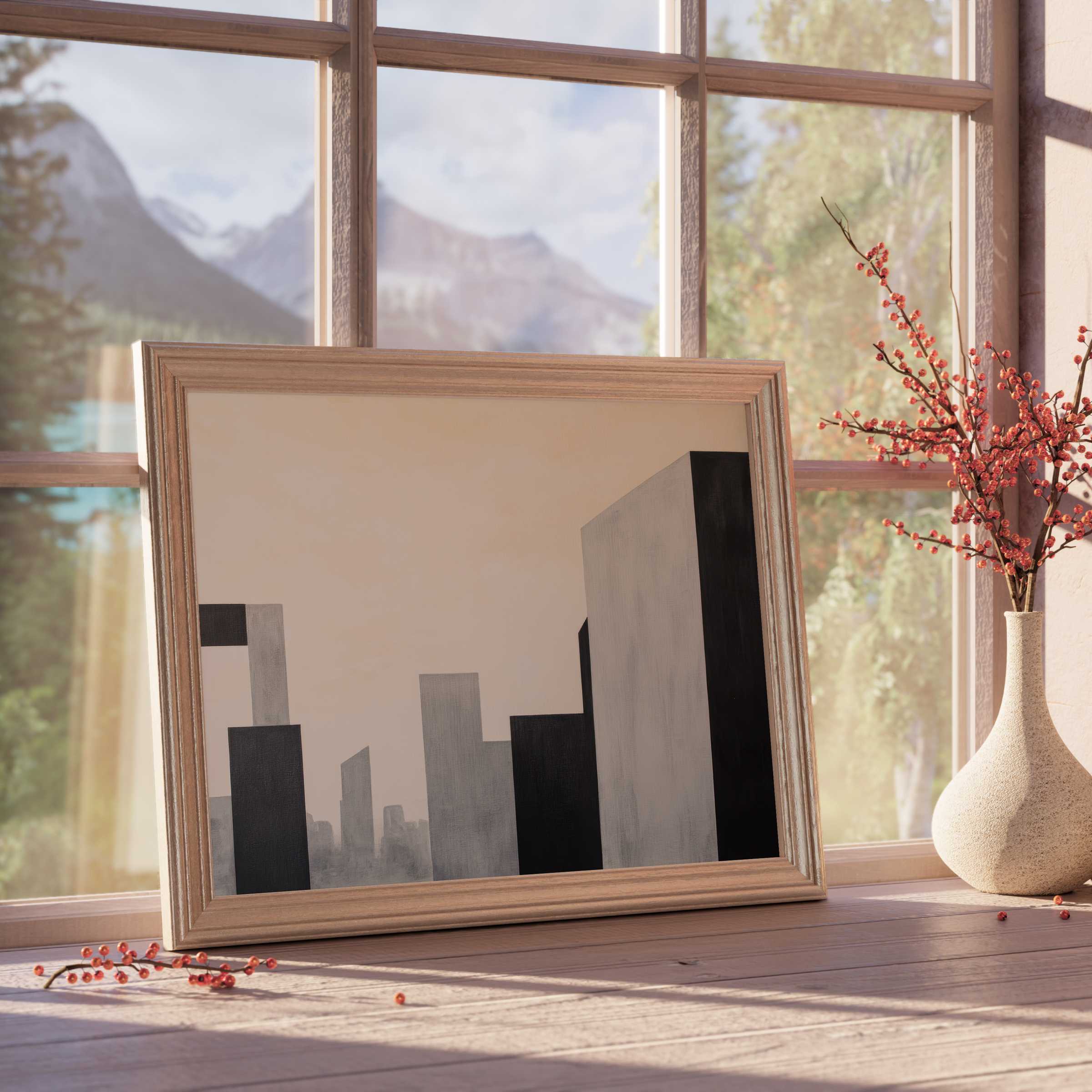 Minimalist downloadable art with monochrome skyline forms, elevating serene, design-forward interiors with effortless modern elegance