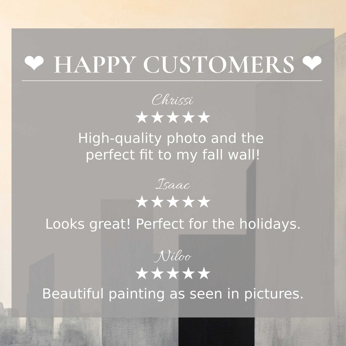 Minimalist art for Frame TV with abstract sunset hues, showing happy customer reviews to inspire trust and elegance