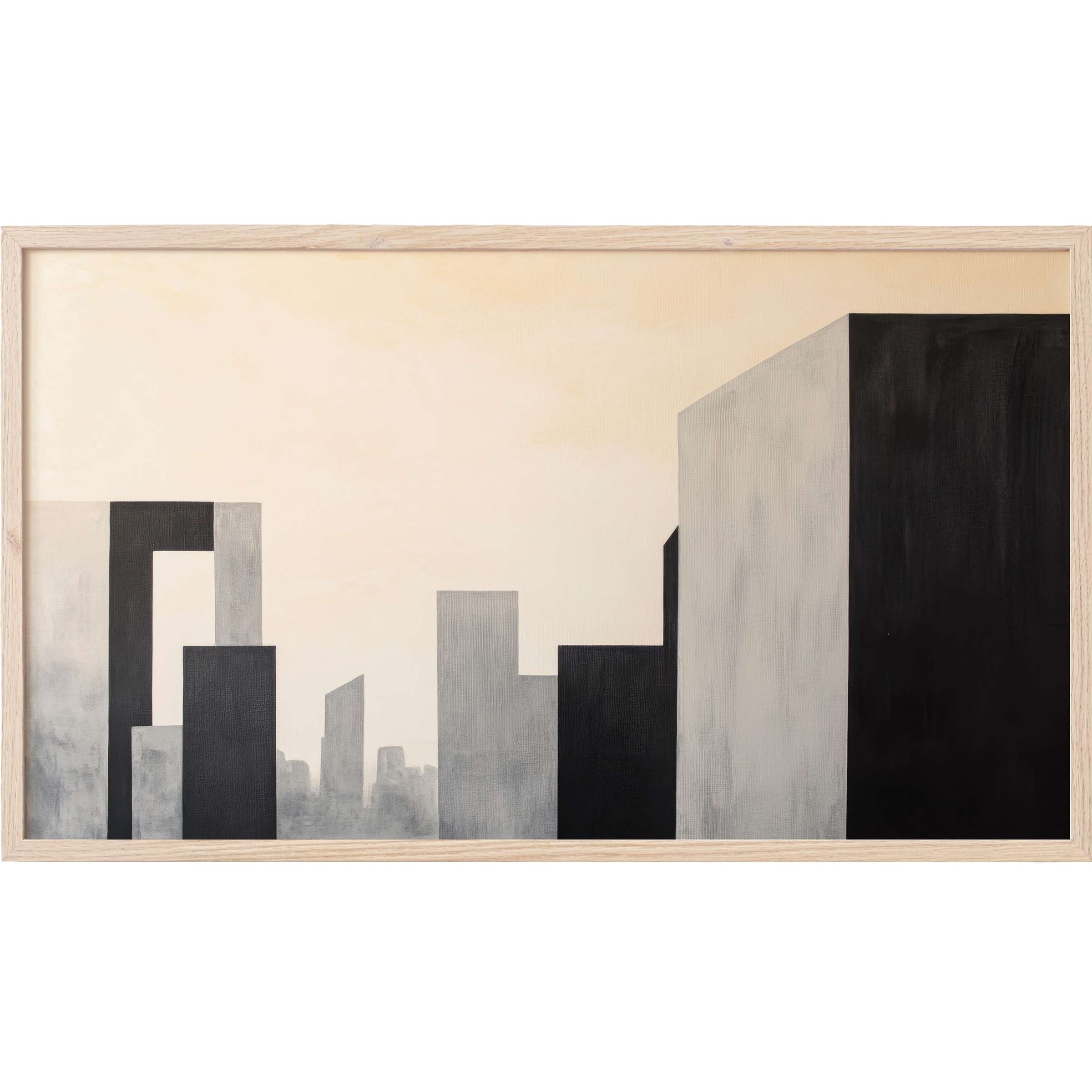 Minimalist Frame TV Art depicting a sleek monochrome cityscape in soft beige, gray, and black tones with modern geometric forms