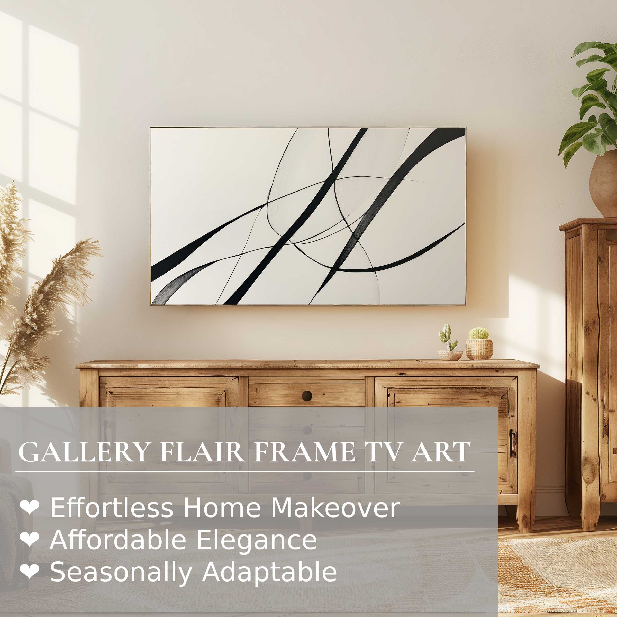 Samsung Frame TV displaying modern digital artwork with sleek black lines in a warm, elegant living room setting
