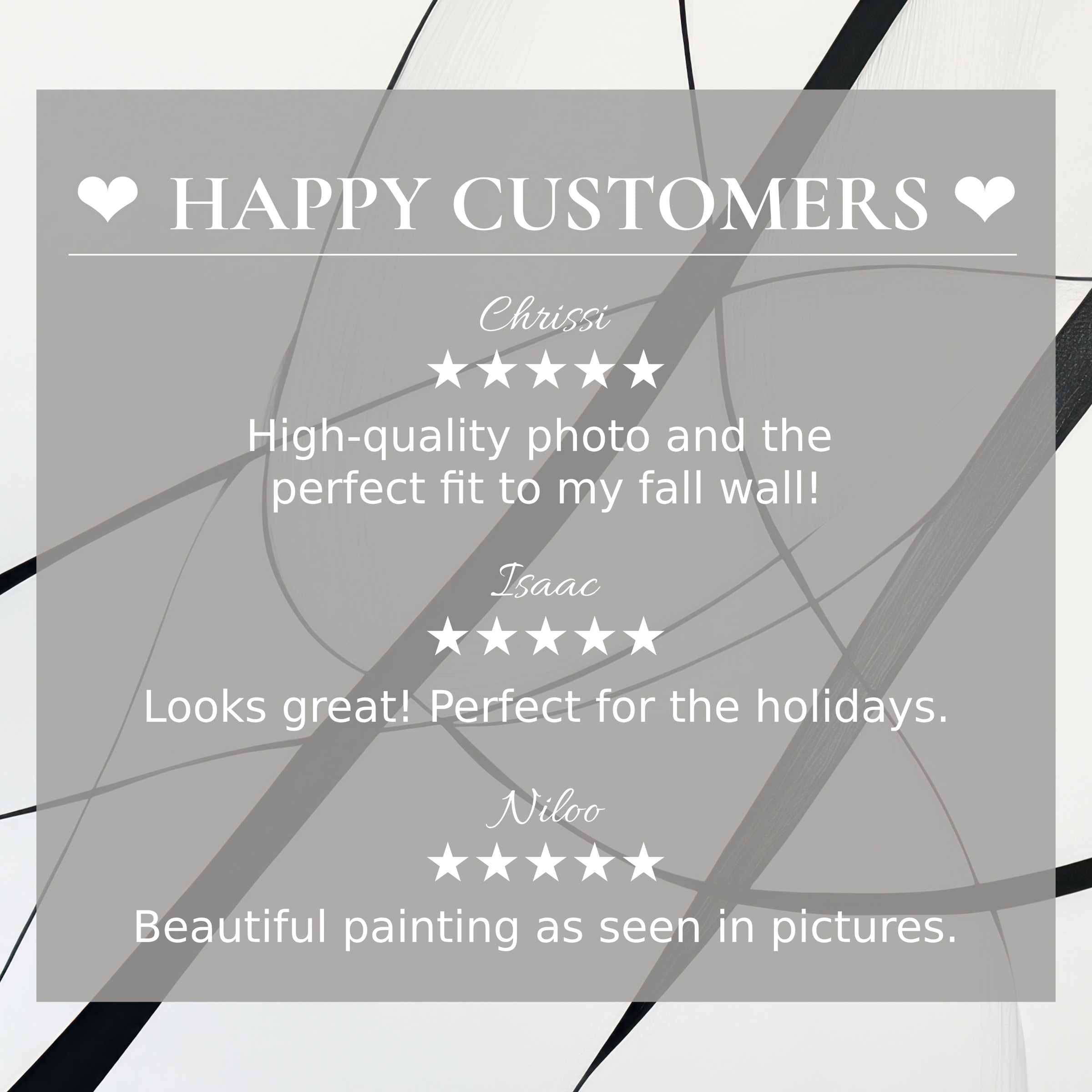 Modern art for Frame TV with abstract black strokes on gray; happy customer reviews build trust and highlight elegance