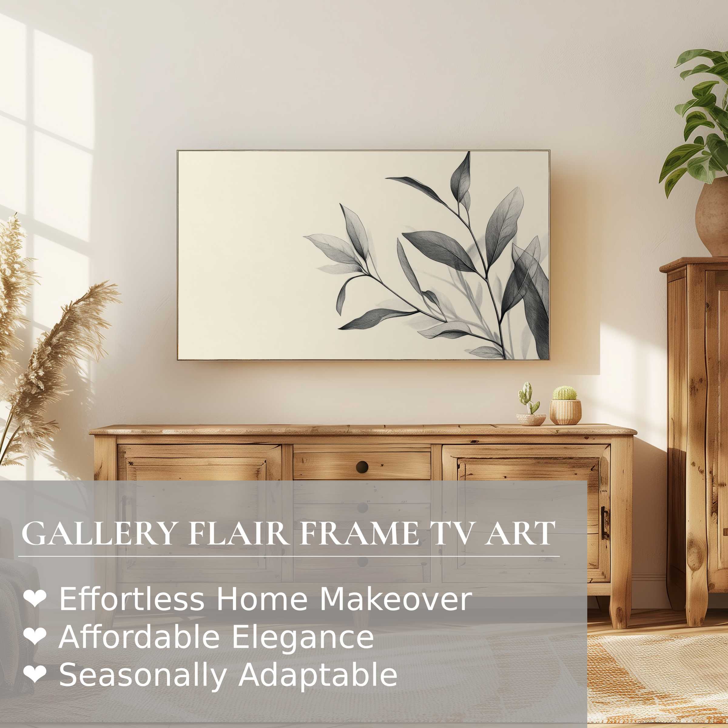 Neutral digital artwork of leaves on Samsung Frame TV in a sunlit, elegant space with warm wood tones
