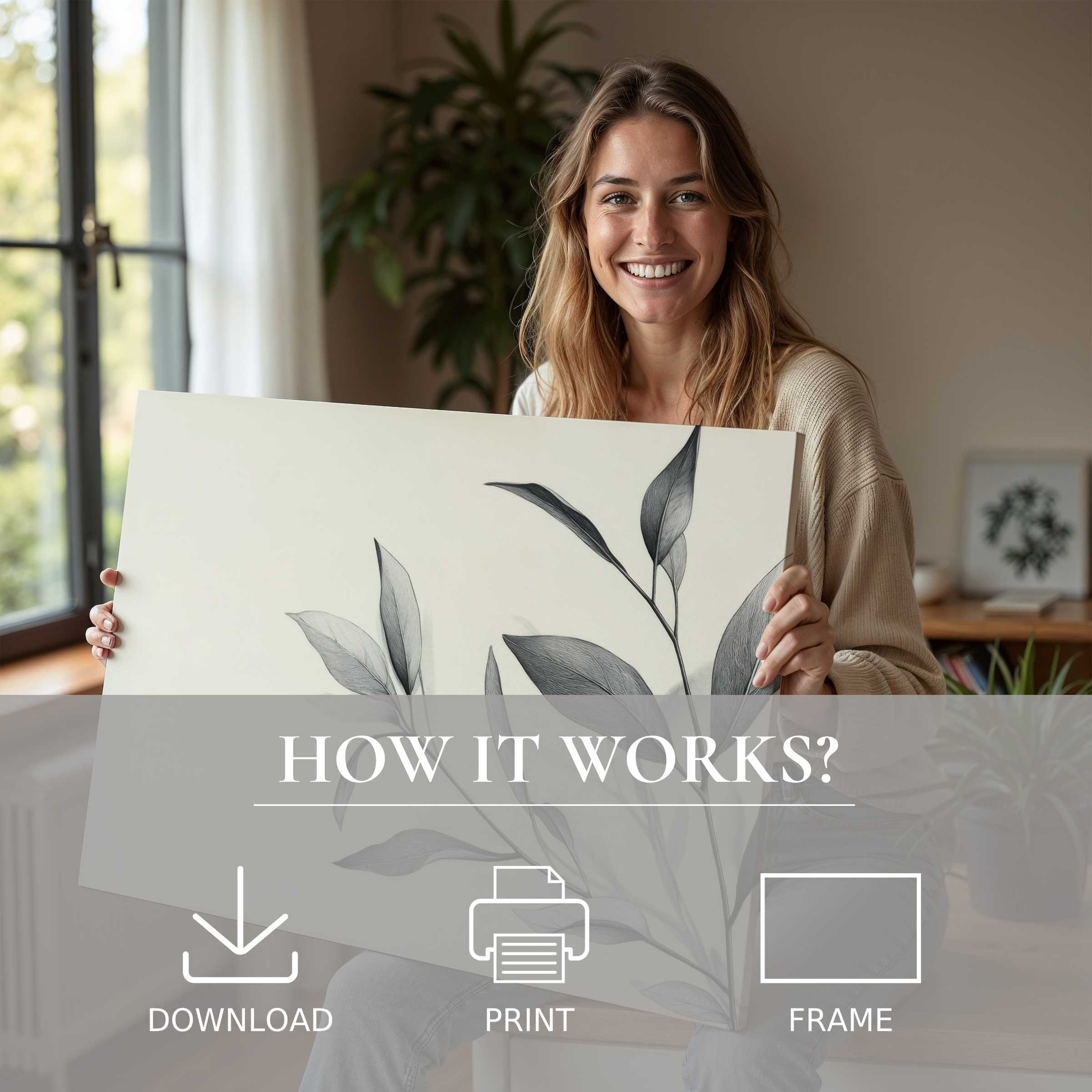 A serene moment of connection and joy as a woman reveals a neutral digital art print, effortlessly elevating her modern home with elegant botanical grace