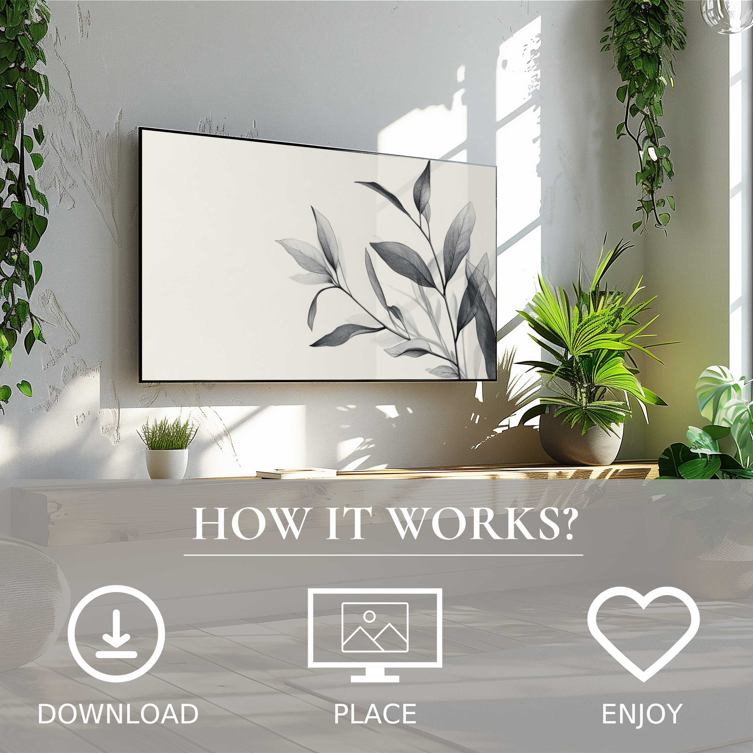 Neutral art for Samsung TV shows soft gray leaf motif on Frame TV; easy digital download enriches modern living spaces