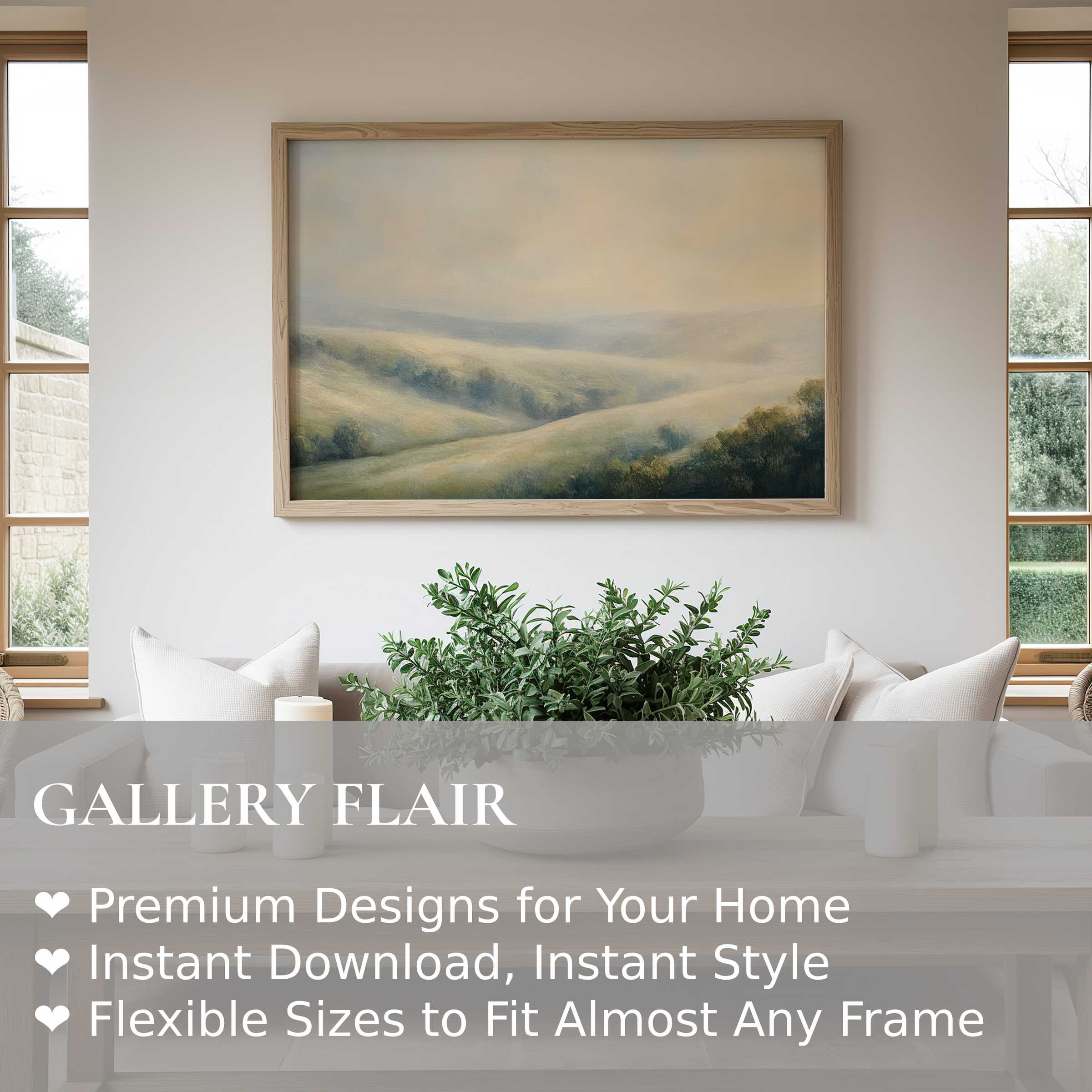 Vintage wall art print of misty rolling hills in soft, muted tones, elevating minimalist and modern interiors with serene rustic charm