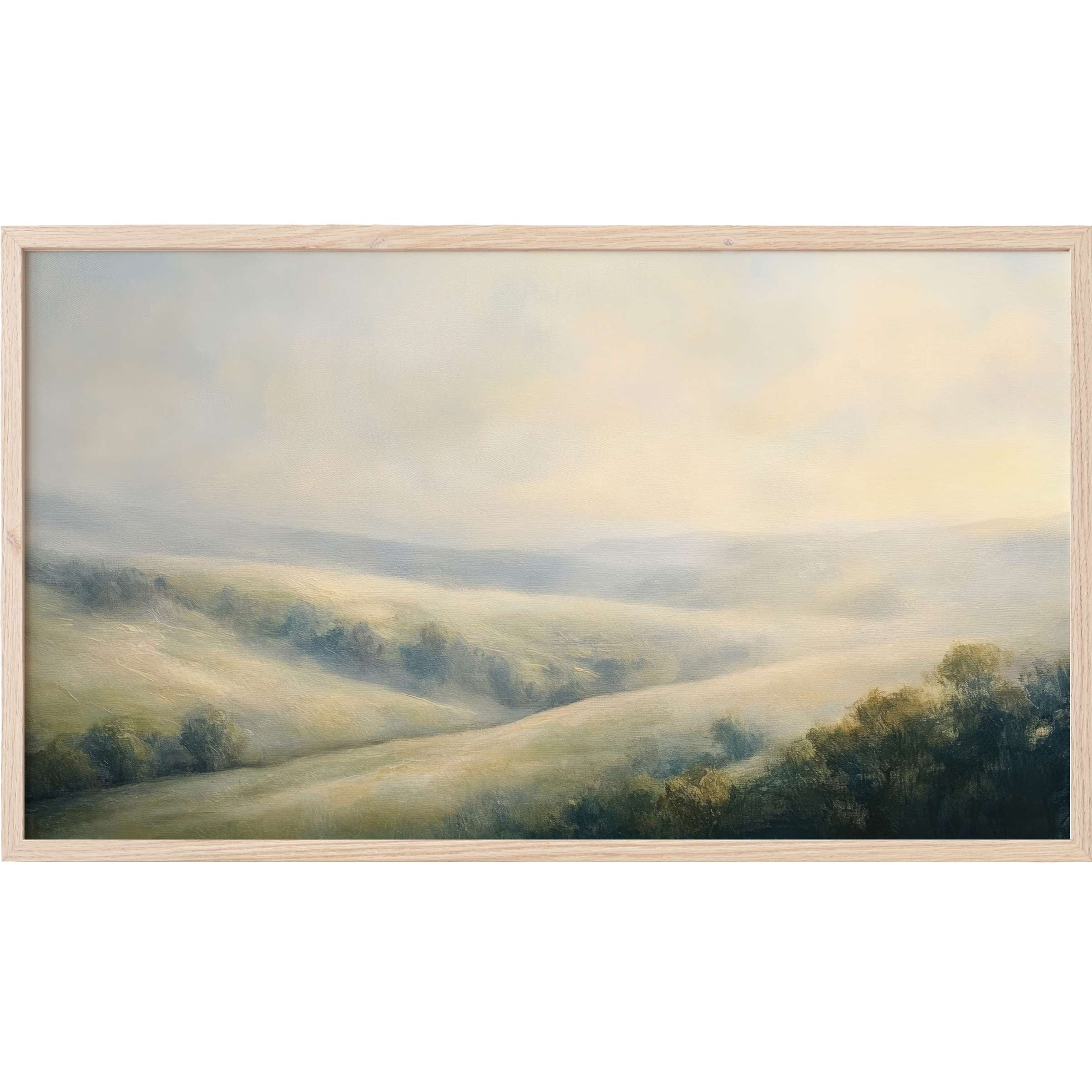 Soft misty hills in muted greens and blues create serene depth in this vintage Frame TV Art landscape