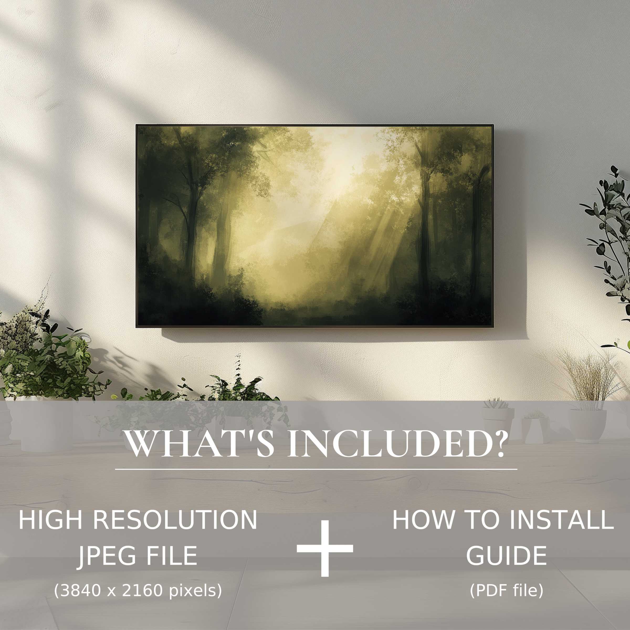 Elegant landscape digital TV art download enhances living spaces with easy digital use and serene forest imagery