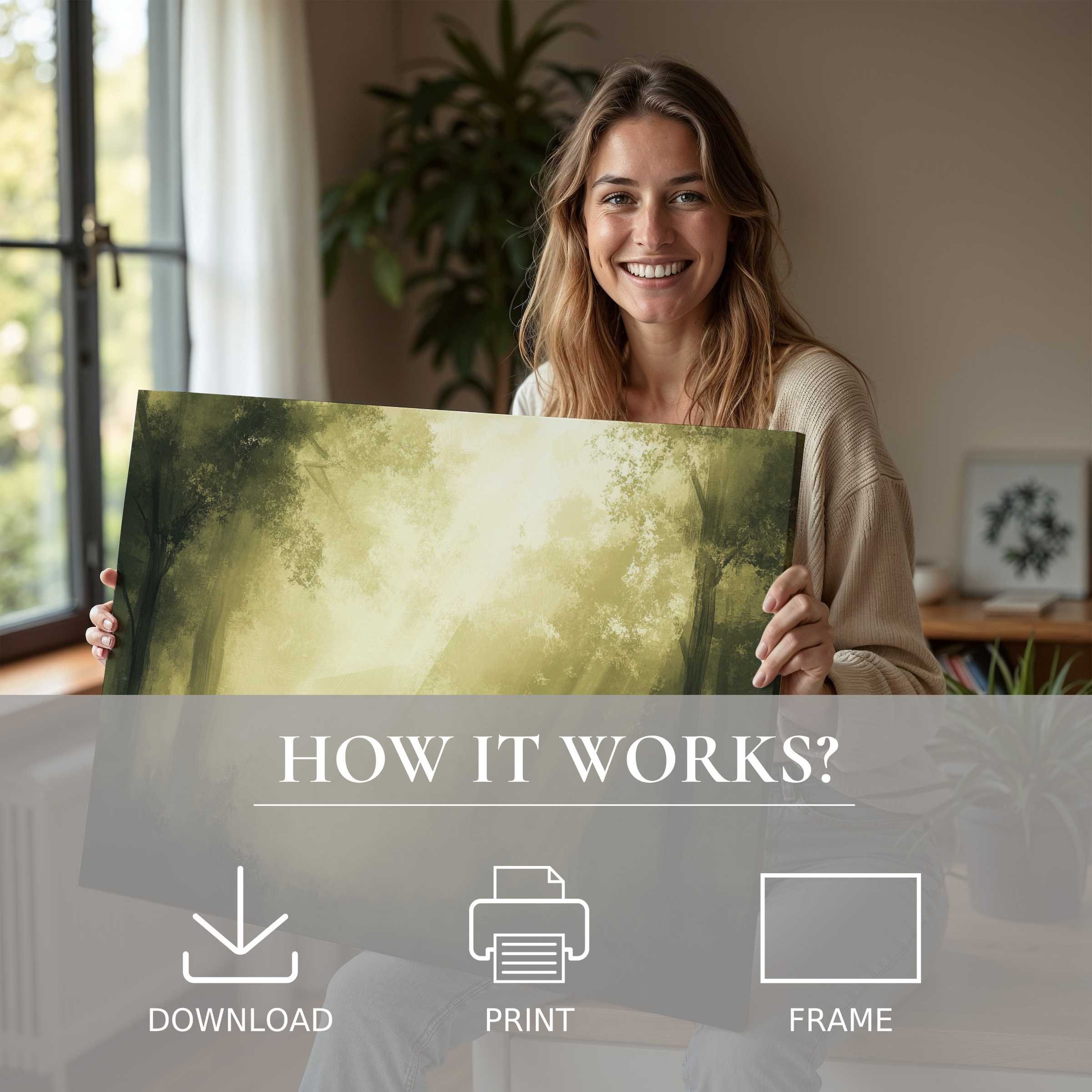 Radiant connection with serene landscape digital art print, elevating modern living through effortless beauty and joyful presence