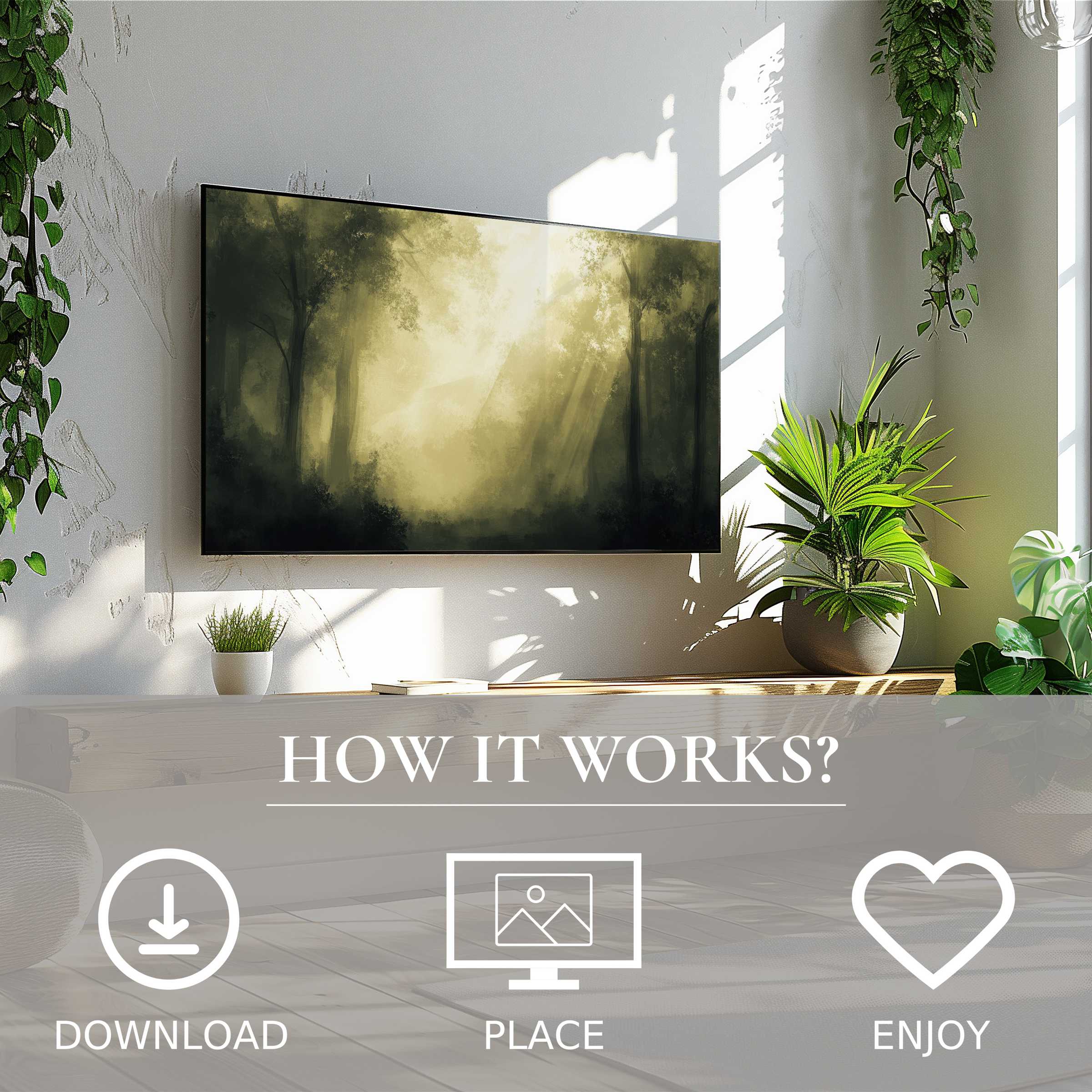 Modern living room with lush plants and landscape art for Samsung TV, soft morning light forest motif, easy digital download