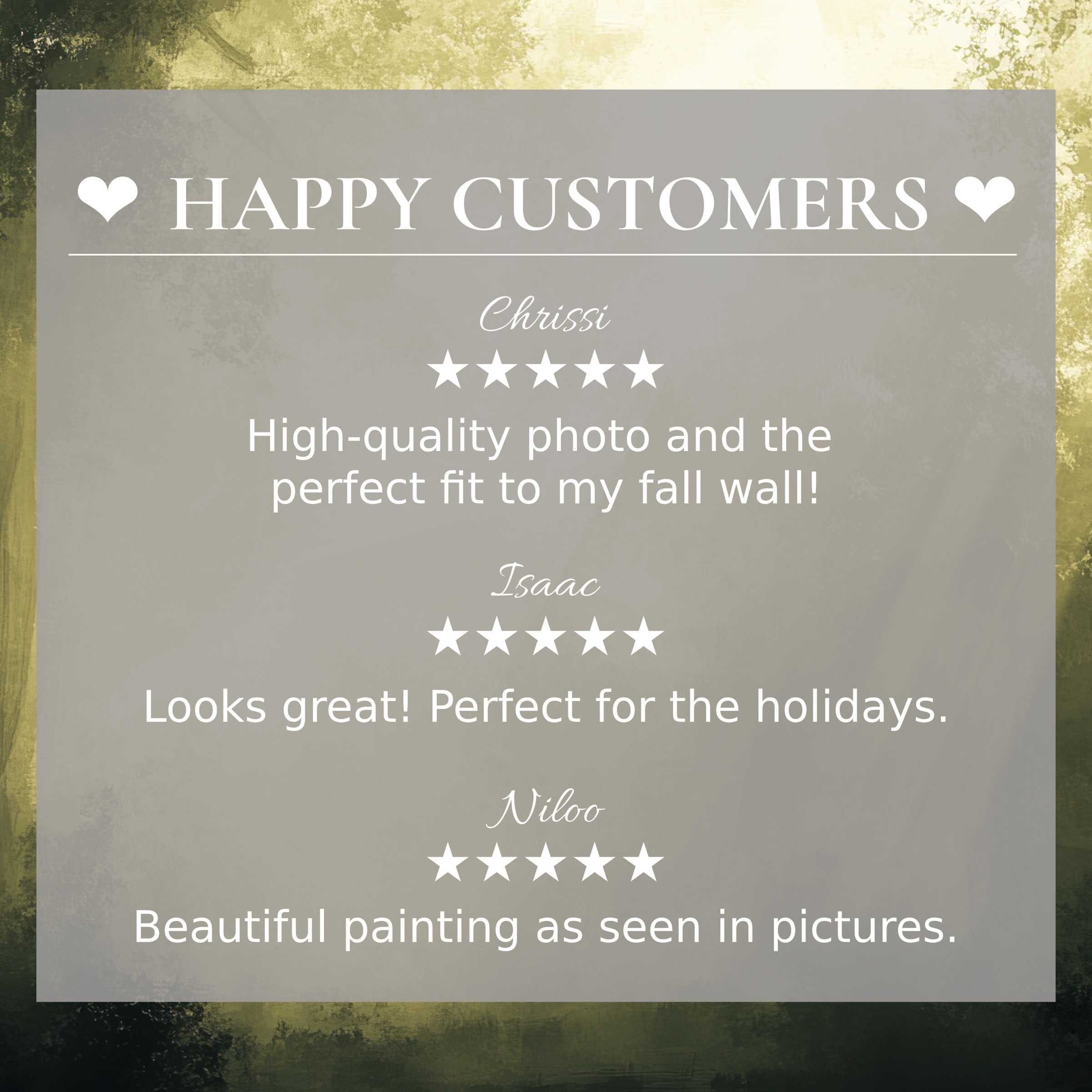 Elegant landscape art for Frame TV with abstract green hues, showcasing happy customer reviews building trust and style appeal