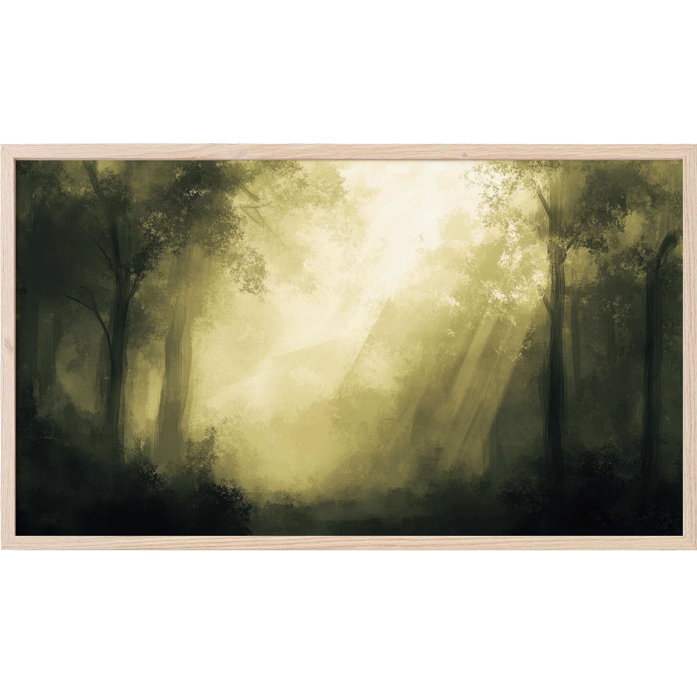 Softly lit forest scene in muted greens and golds, capturing ethereal light in landscape Frame TV Art