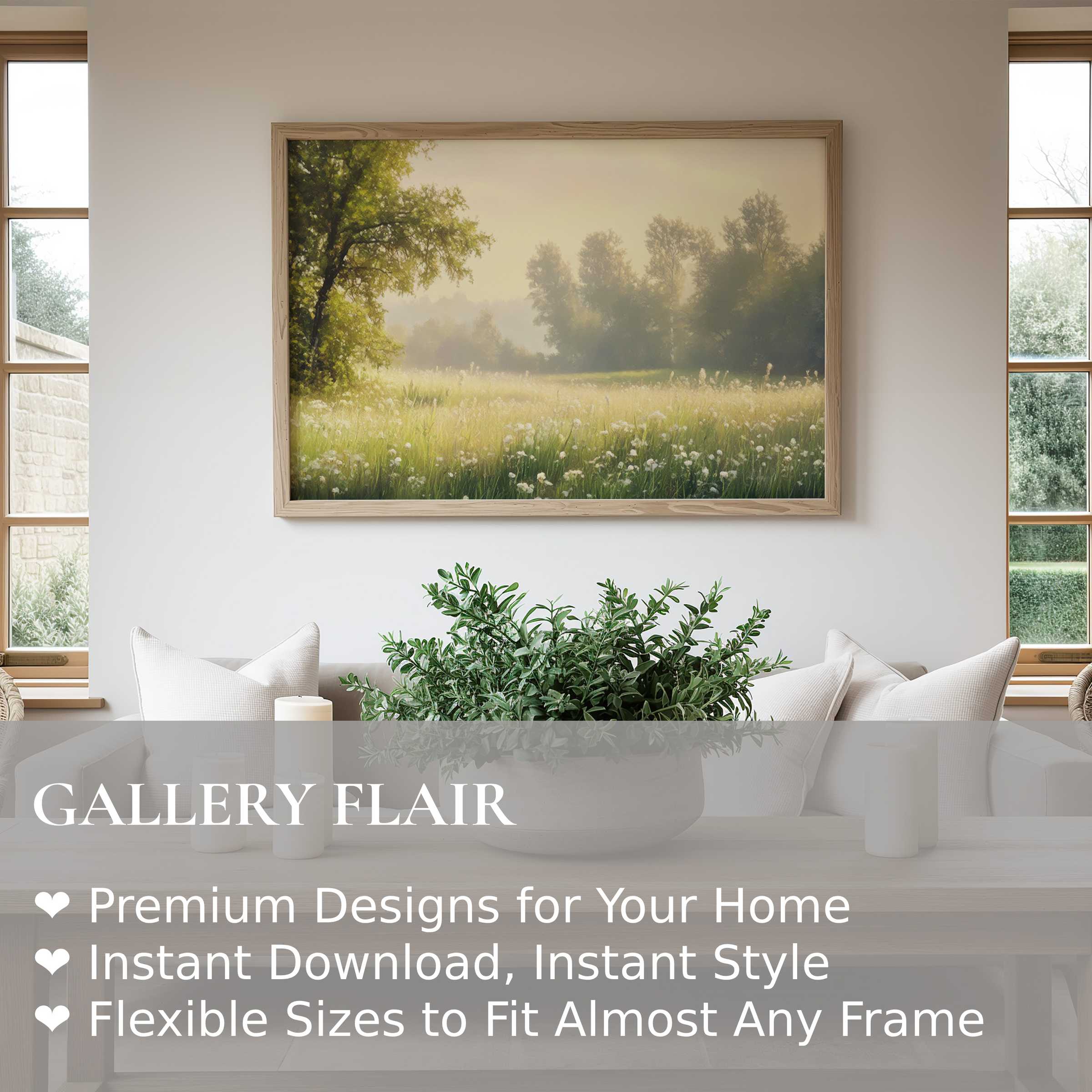 Spring wall art print capturing a soft, radiant meadow at dawn, perfect for elevating modern, serene living spaces