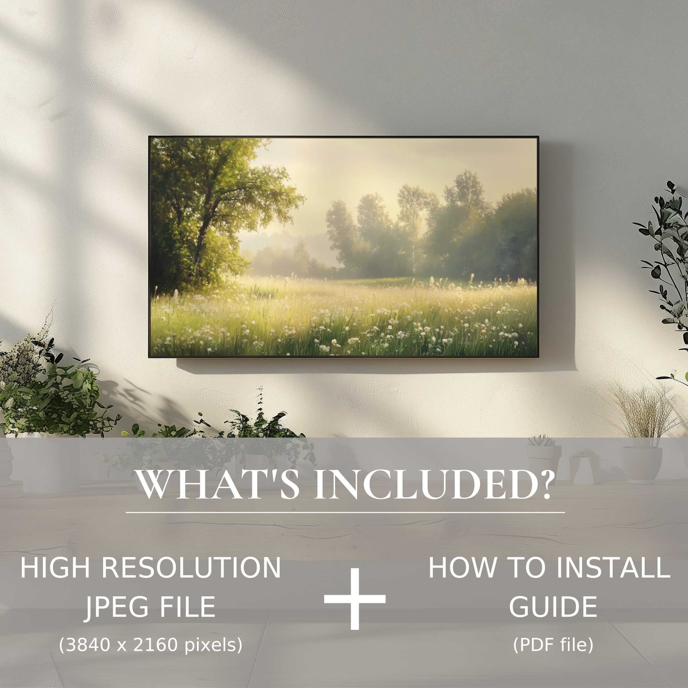 Elegant spring digital TV art download showcasing a serene meadow, instantly uplifting your modern living space