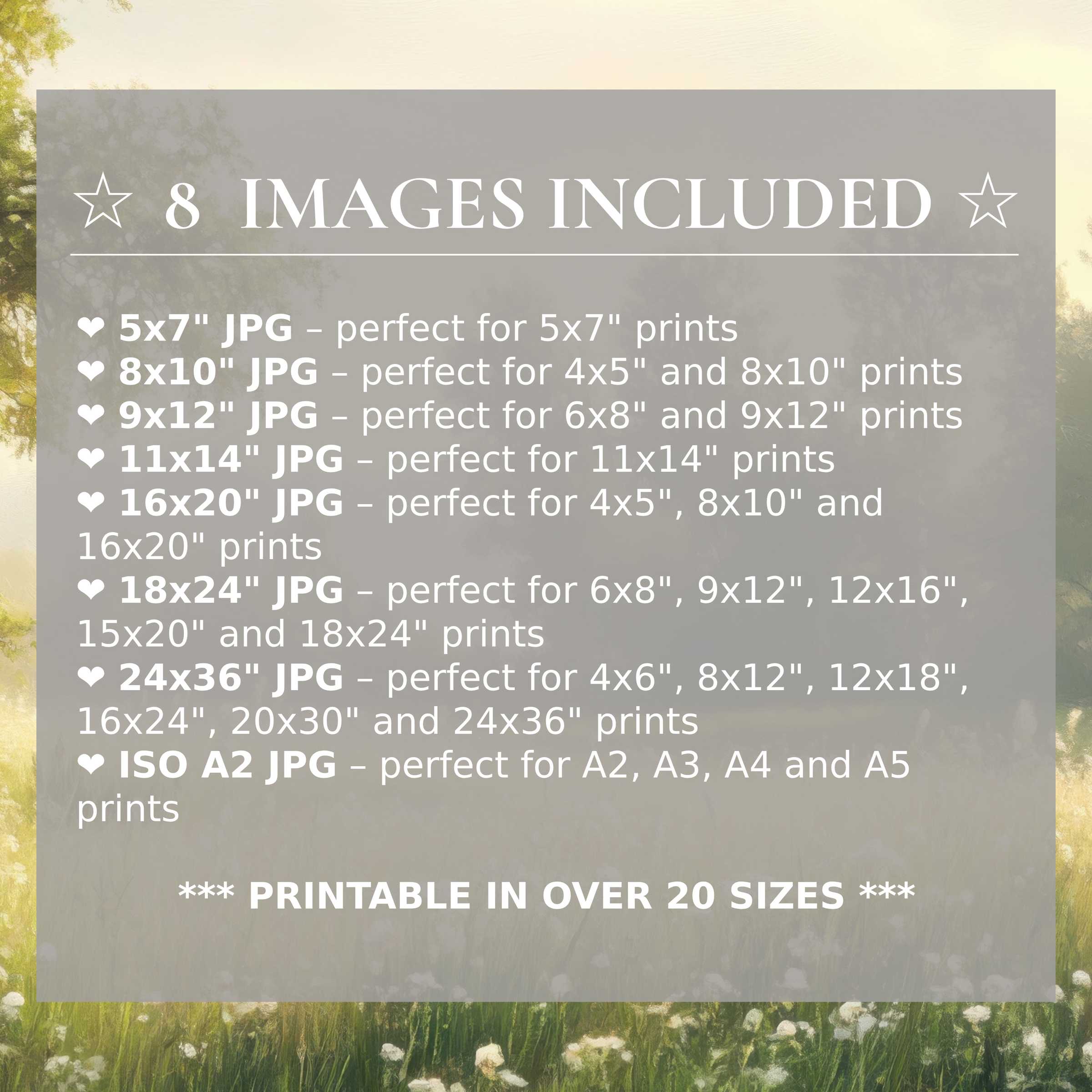 Radiant spring digital print in soft greens and warm light, elevating modern interiors with versatile style; includes 8 high-quality sizes