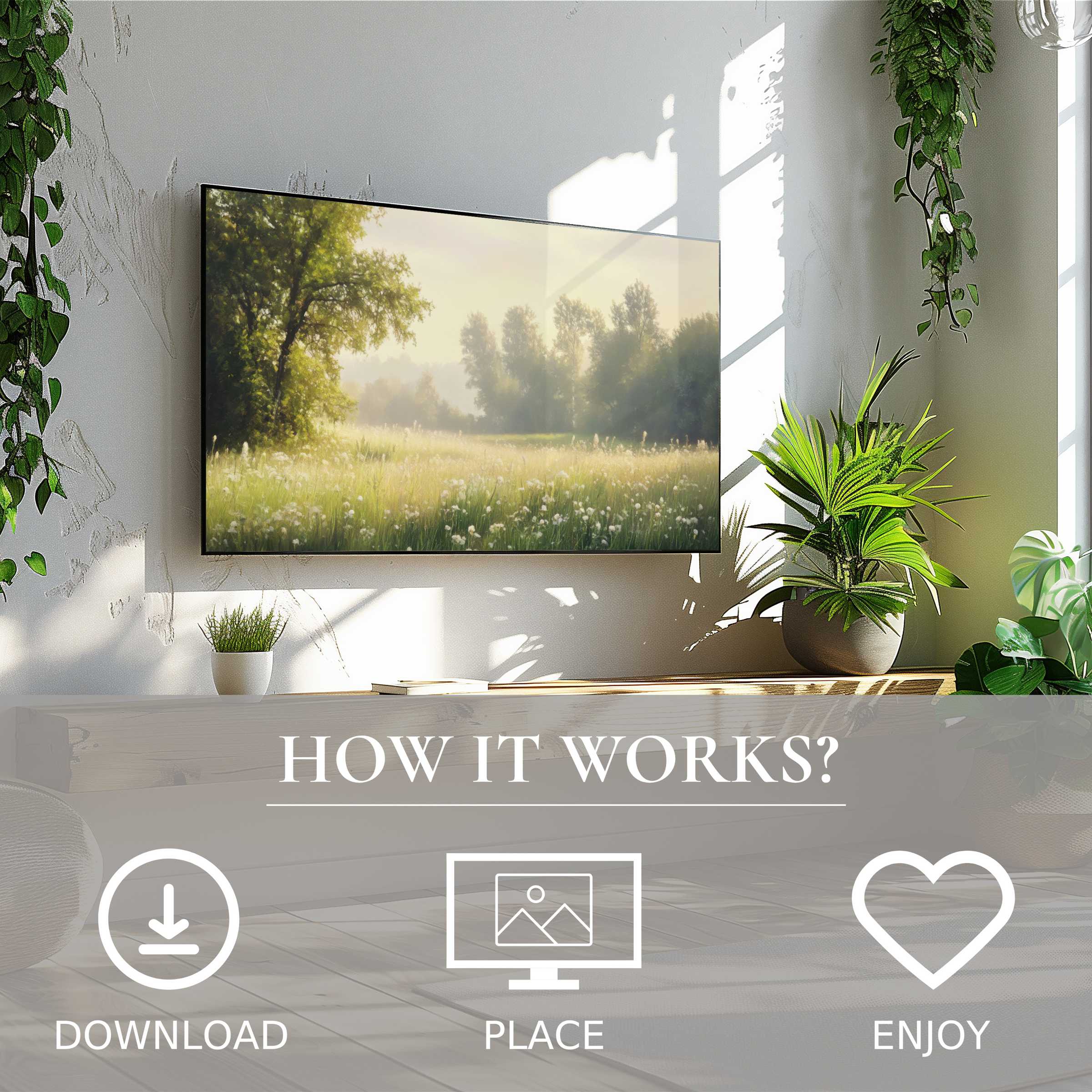 Spring art for Samsung TV shows soft morning light and green fields; easy digital download enriches stylish living spaces