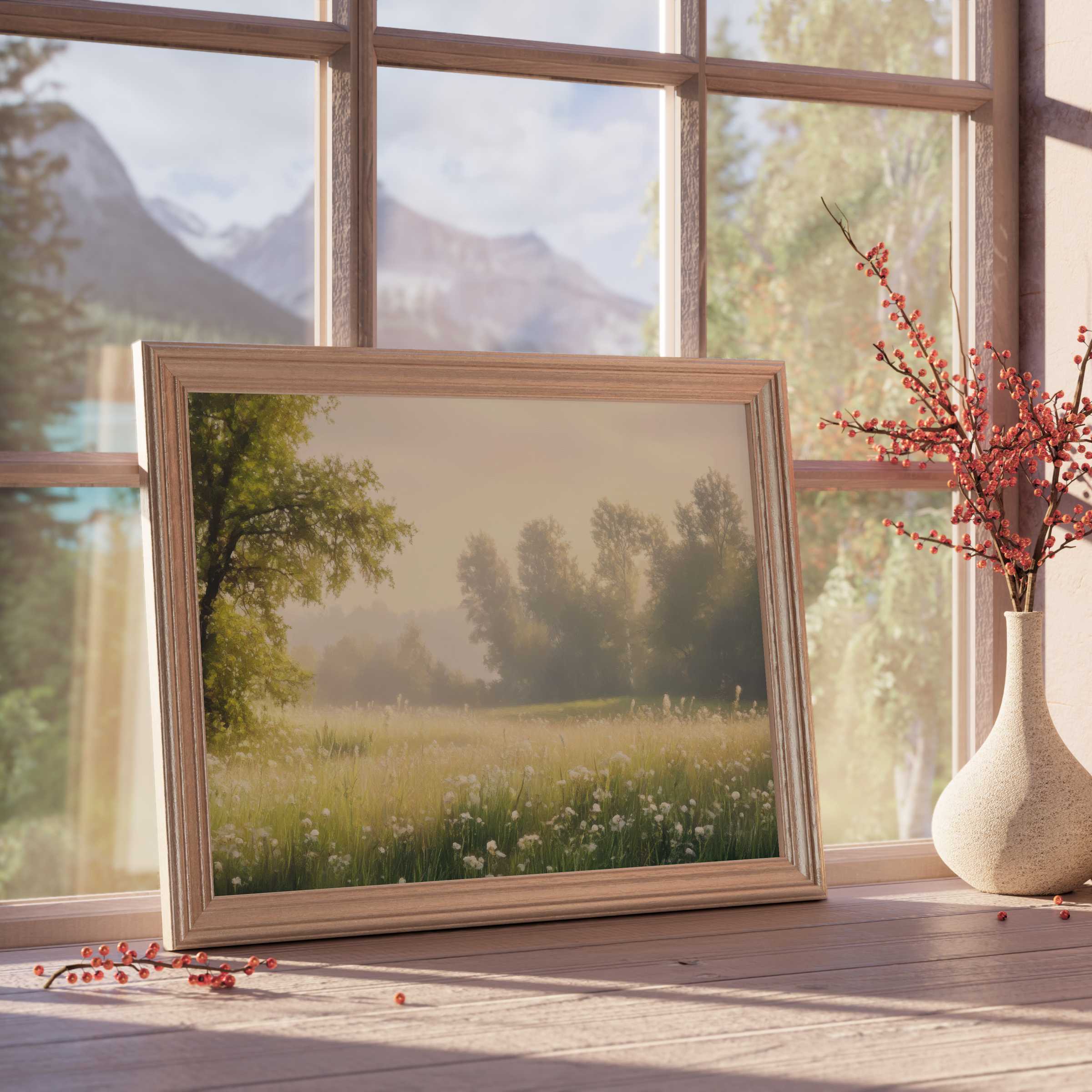 Serene spring downloadable art capturing soft morning light over dew-kissed meadow, perfect for tranquil, curated interiors