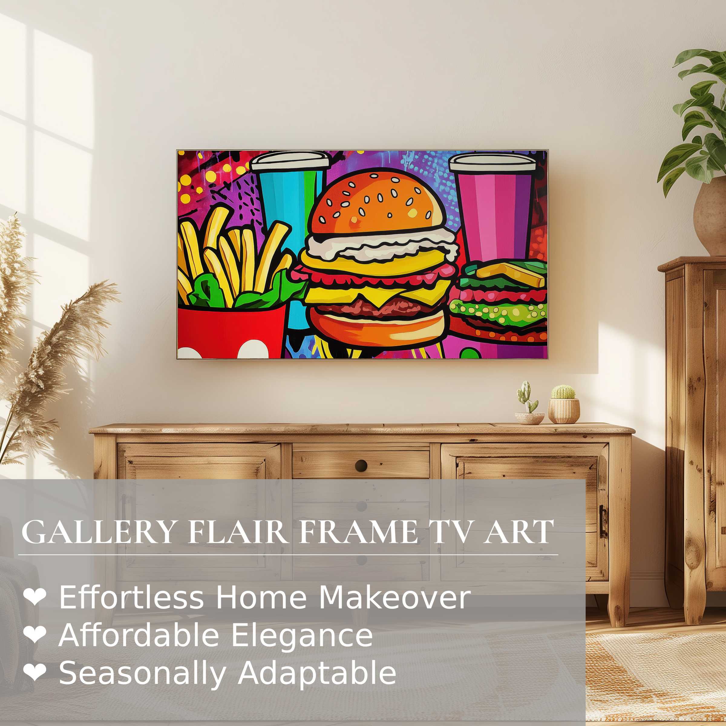 Samsung Frame TV displaying vibrant pop art digital artwork of fast food in a chic, sunlit modern living room