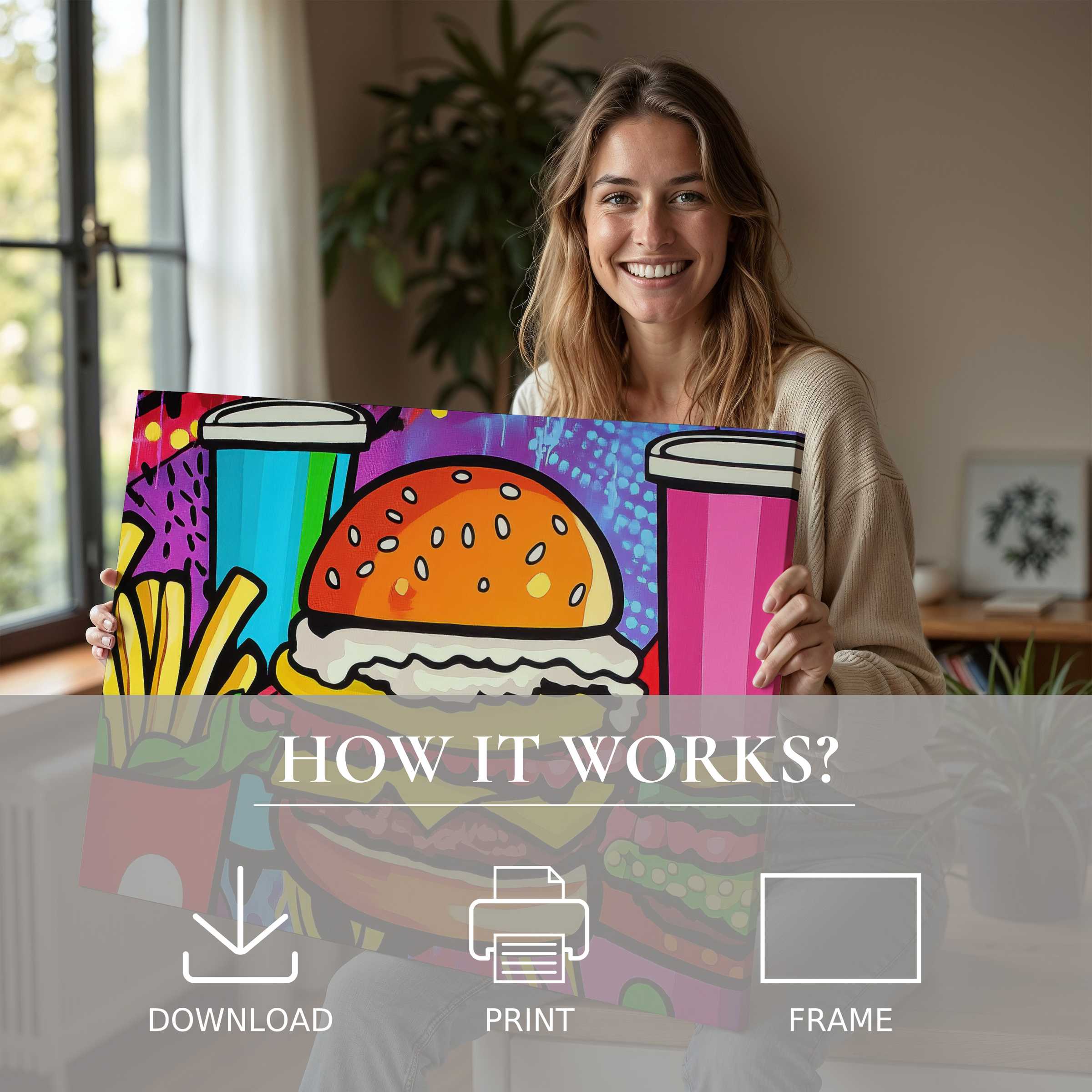 Joy radiates in a serene moment as vibrant pop art digital art print transforms a modern home with playful warmth