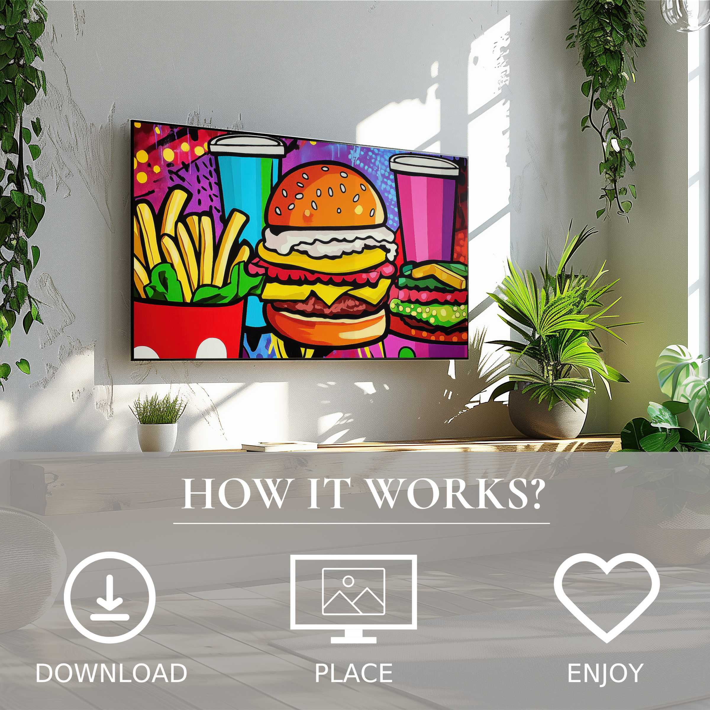 Pop art art for Samsung TV in bright fast food motif, easy digital download enriches modern living spaces