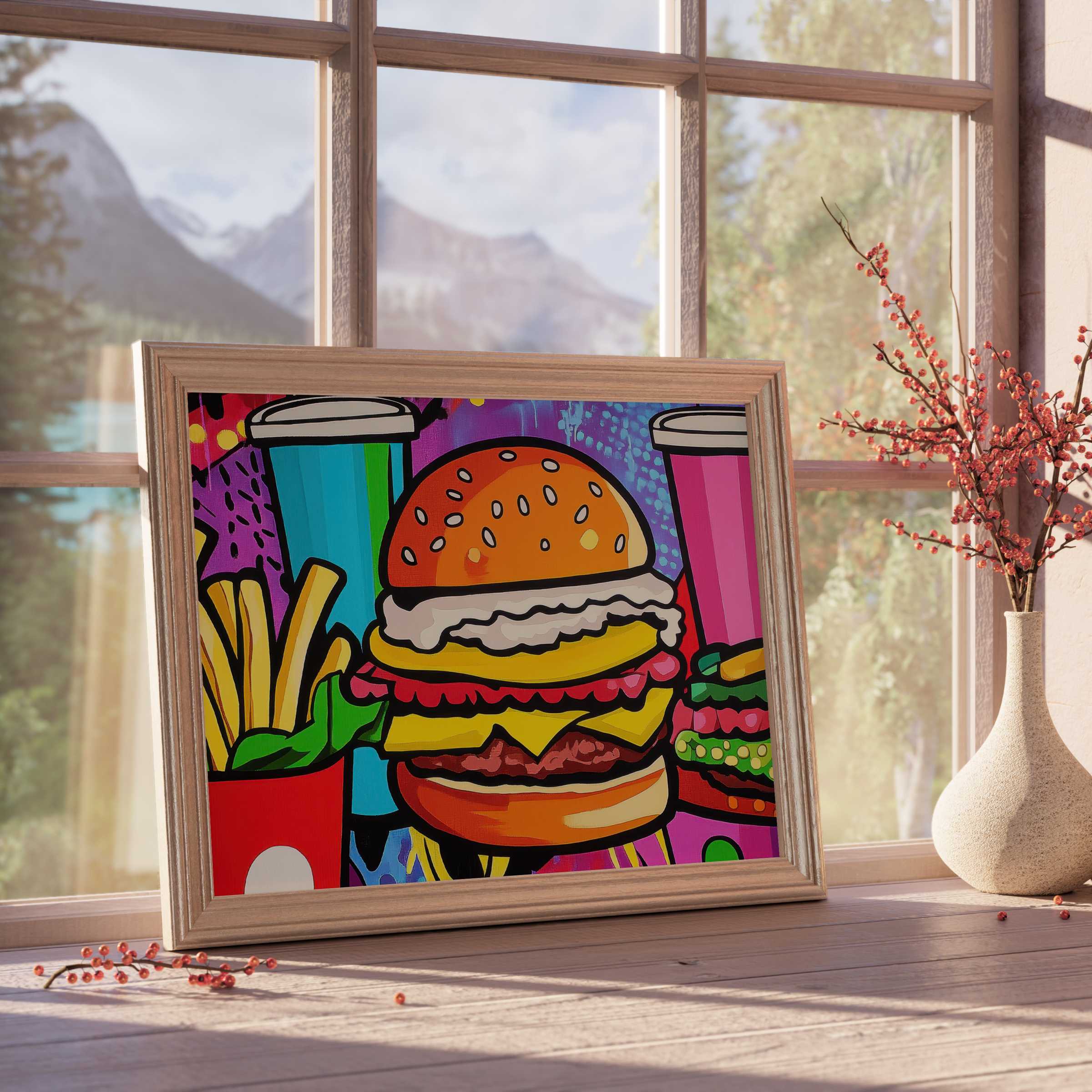 Vibrant pop art downloadable art featuring bold burger and fries, injecting playful energy into curated, stylish kitchens