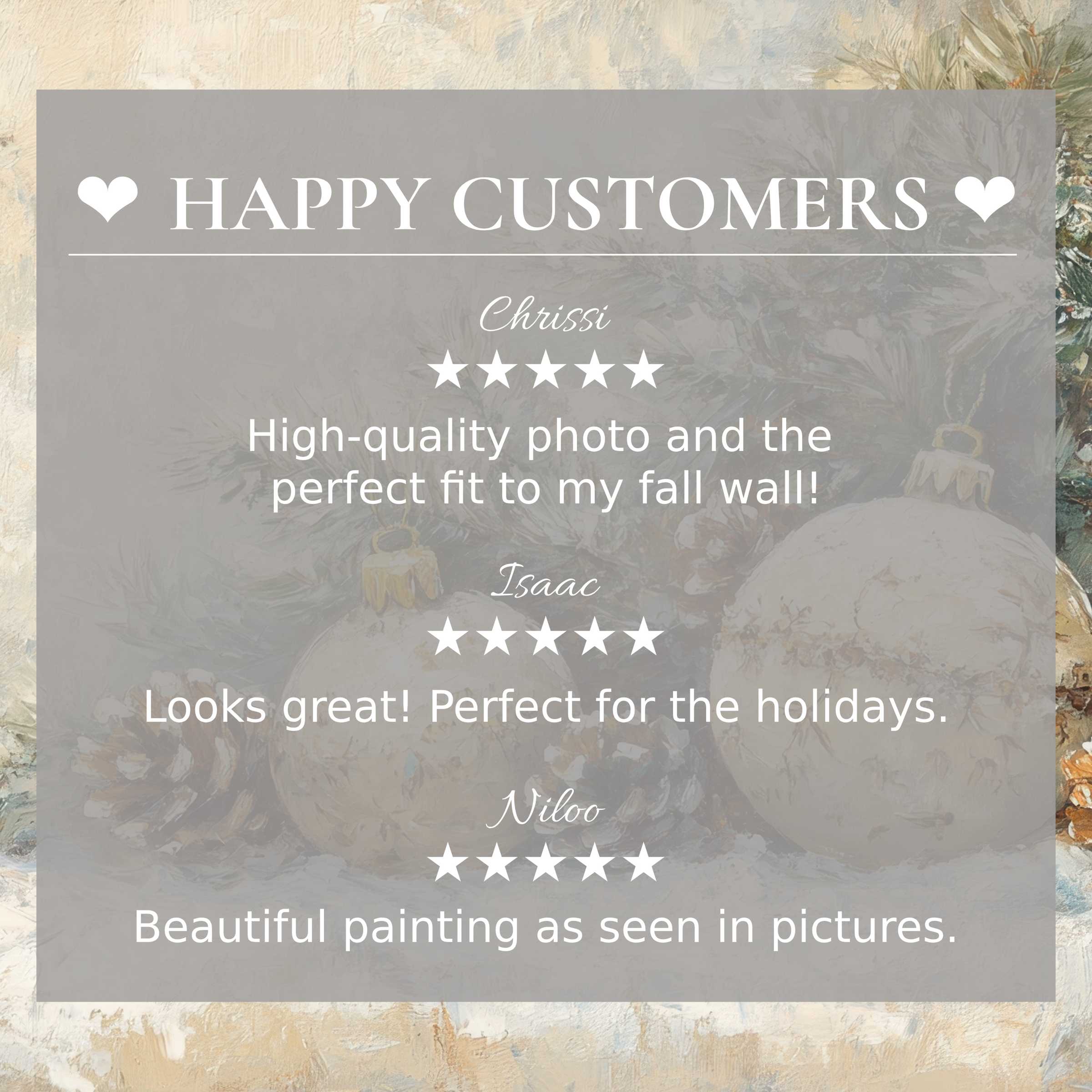 Elegant christmas art for Frame TV with abstract warm tones, showcasing positive reviews to build trust and happy customer satisfaction