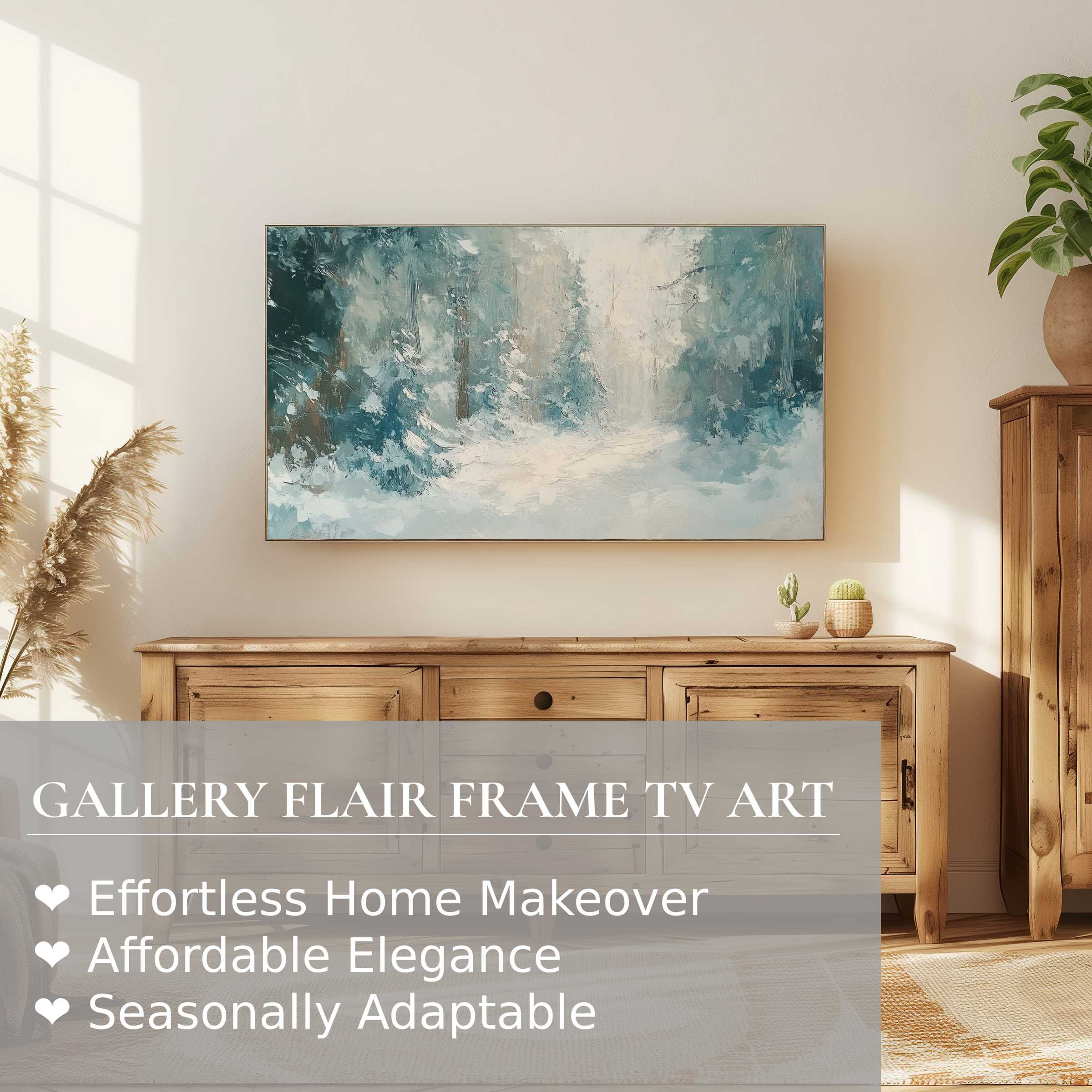 Samsung Frame TV displaying serene winter digital artwork in a modern, elegant living room setting for refined decor