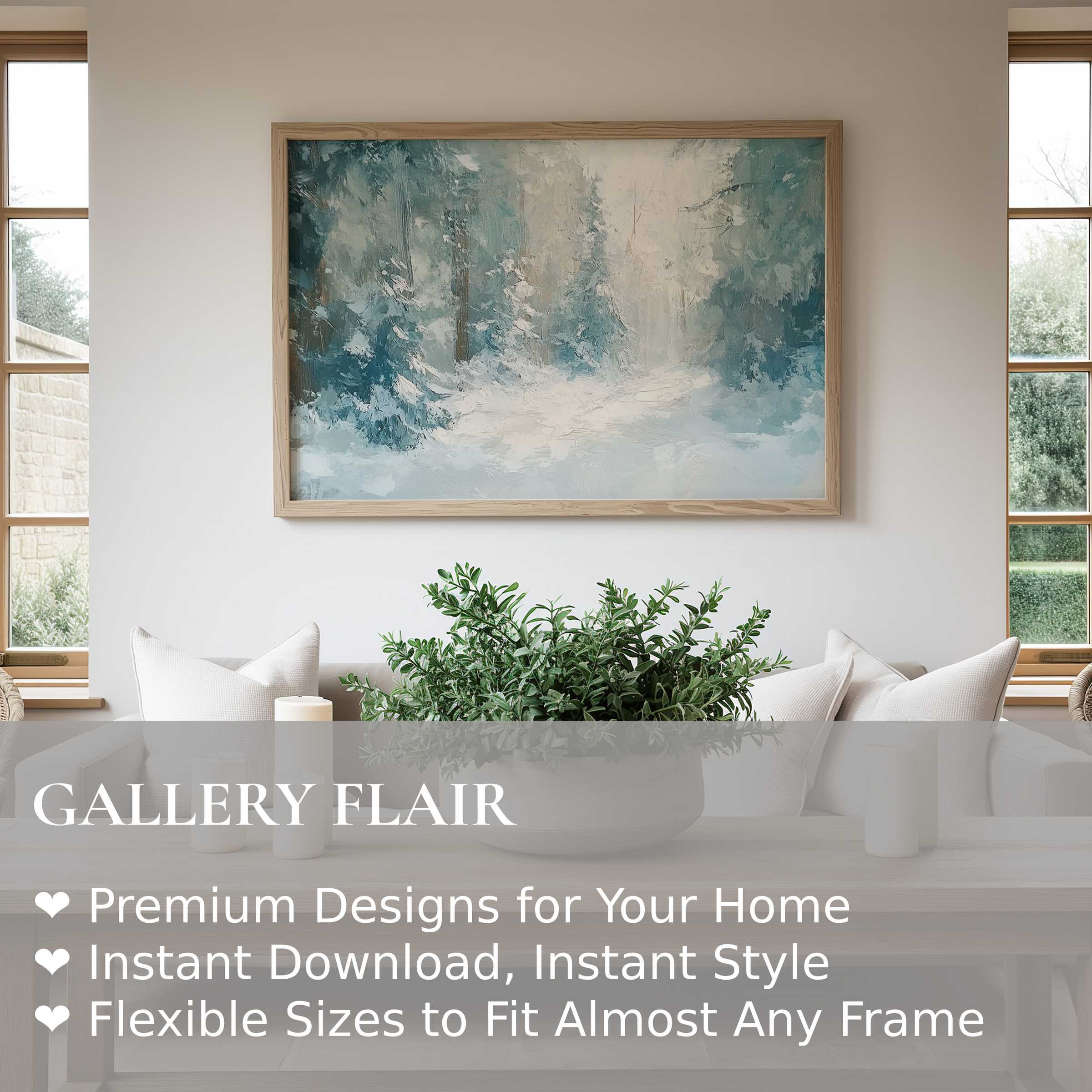 Winter wall art print capturing a serene snowy forest with soft blues and neutrals, enhancing modern minimalist interiors with calming sophistication