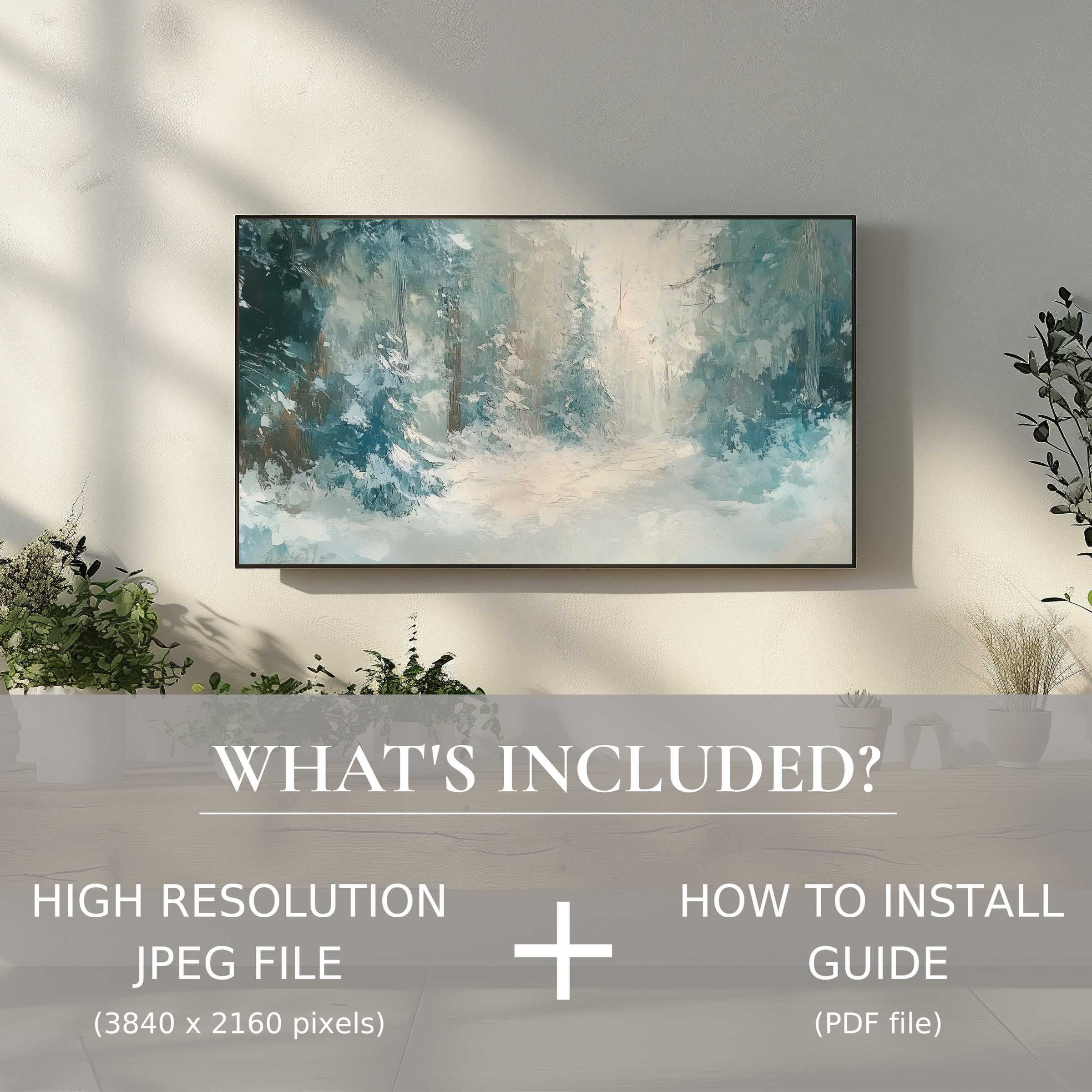 Winter digital TV art download showcasing serene snowy forest, enhancing spaces with effortless digital elegance