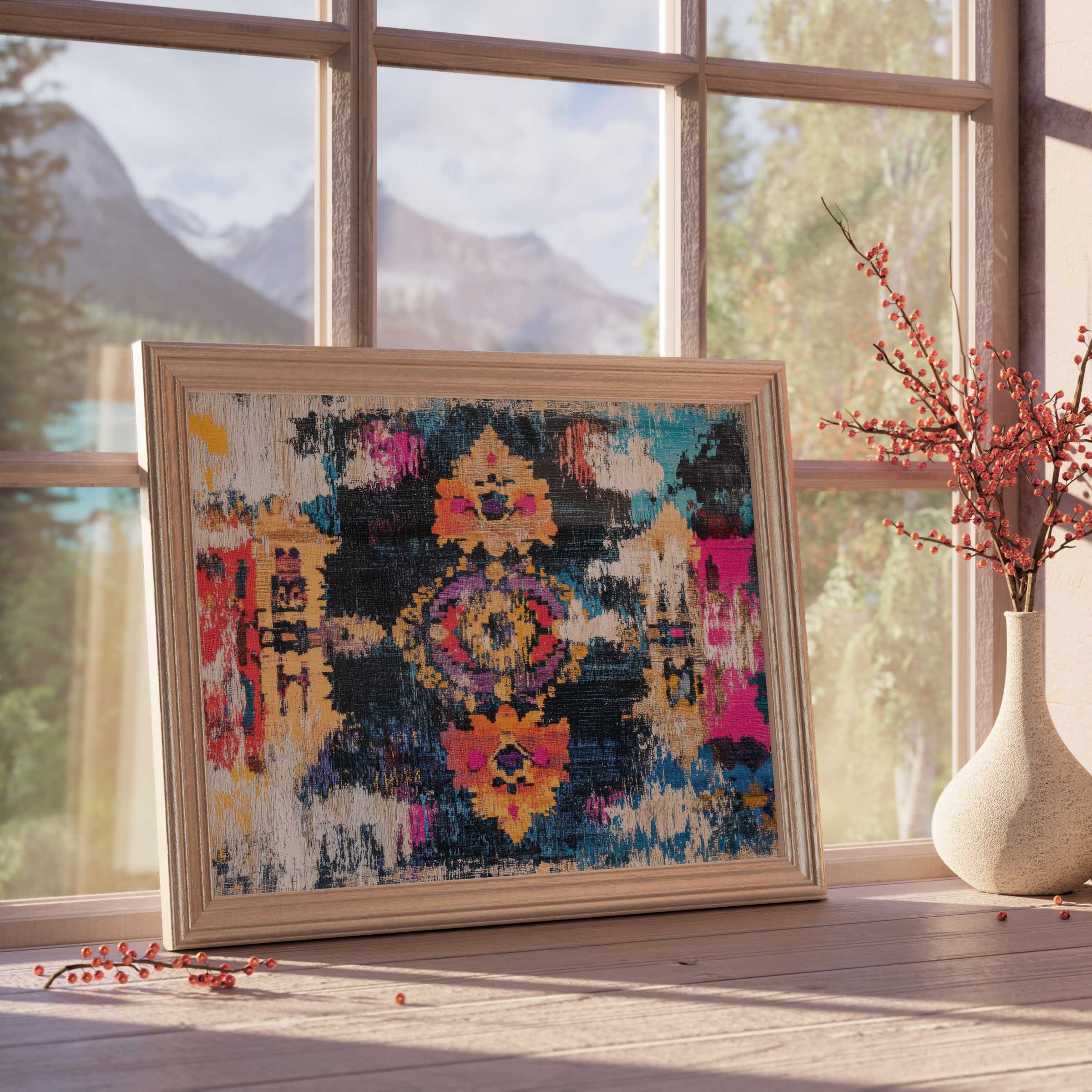 Boho downloadable art with vibrant tribal motifs, enriching serene interiors with warm, eclectic charm and timeless elegance