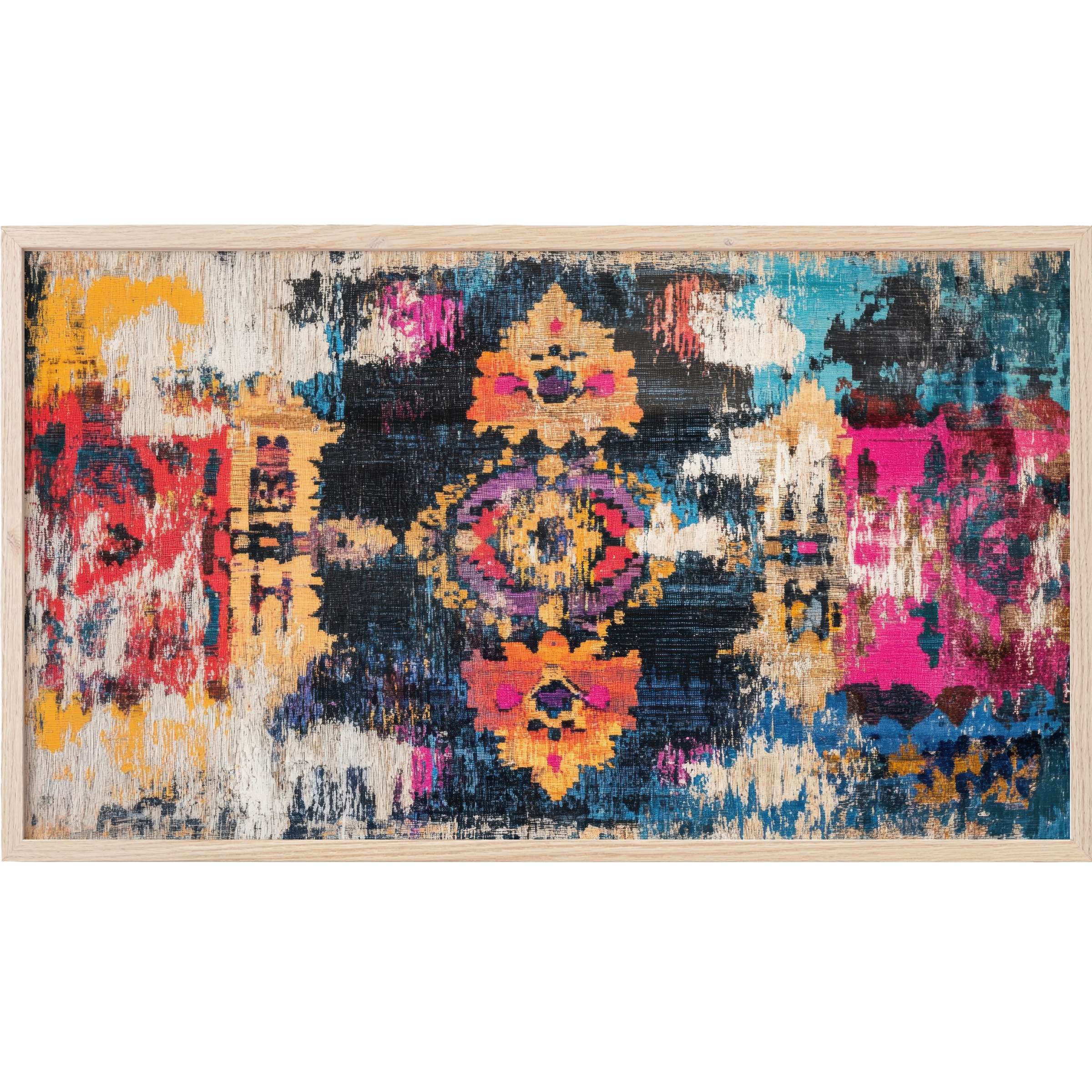 Vibrant boho Frame TV Art with distressed texture, vivid pinks, blues, and oranges in an abstract tribal pattern