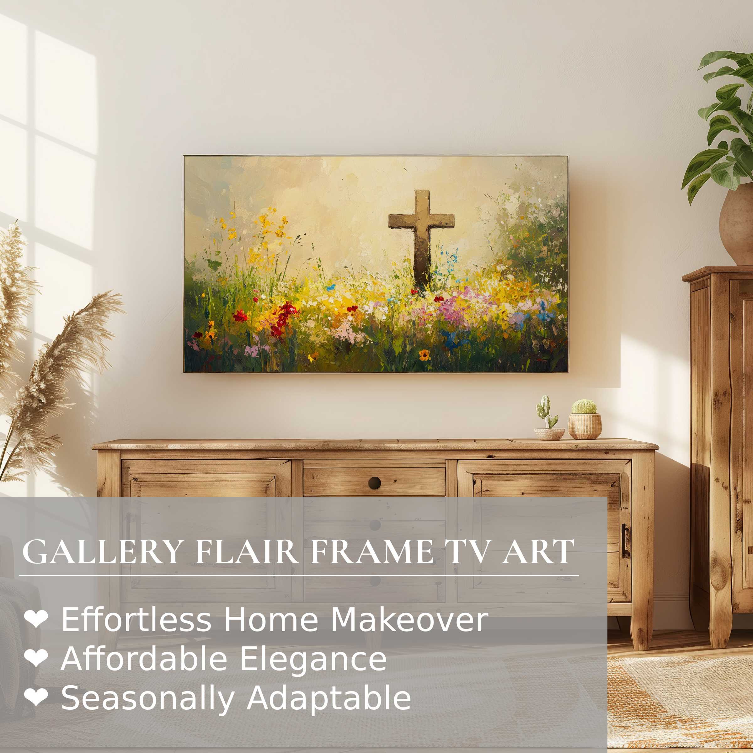 Samsung Frame TV displaying elegant easter digital artwork with vibrant florals and serene cross in warm setting