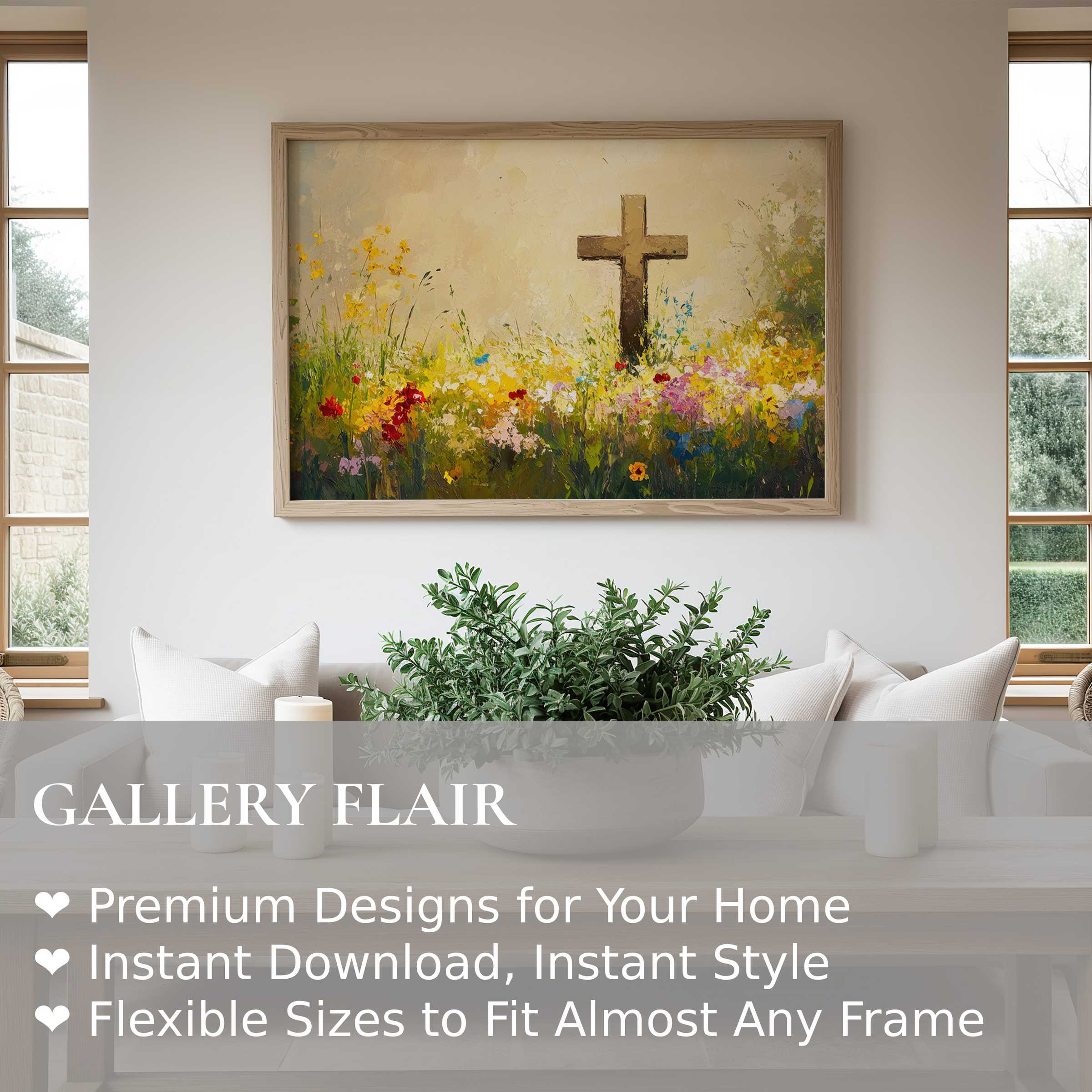 Easter wall art print with radiant wildflowers and a serene cross in soft, warm tones, elevating minimalist modern interiors