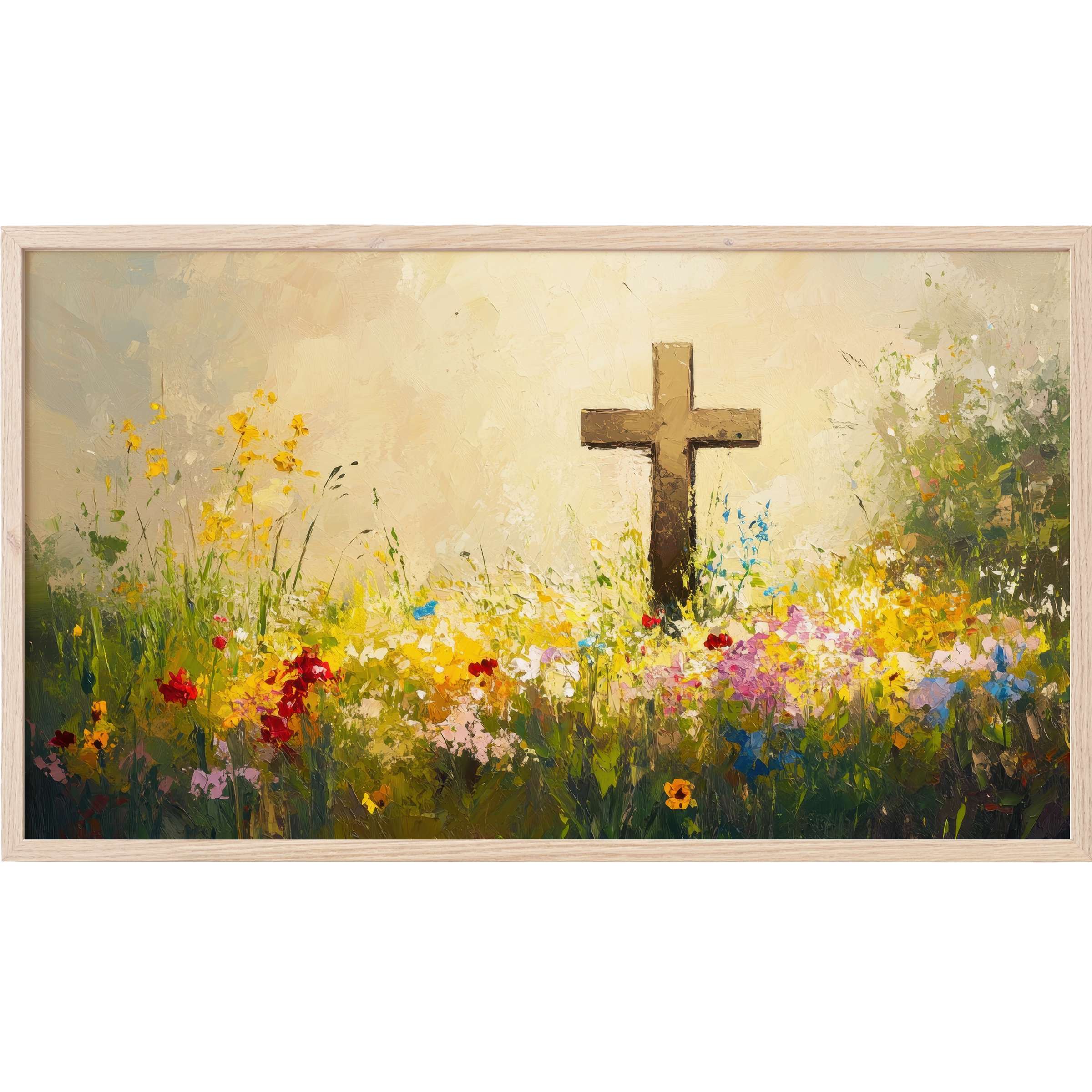 Elegant easter Frame TV Art with a textured cross amid vibrant wildflowers in soft, warm pastel tones