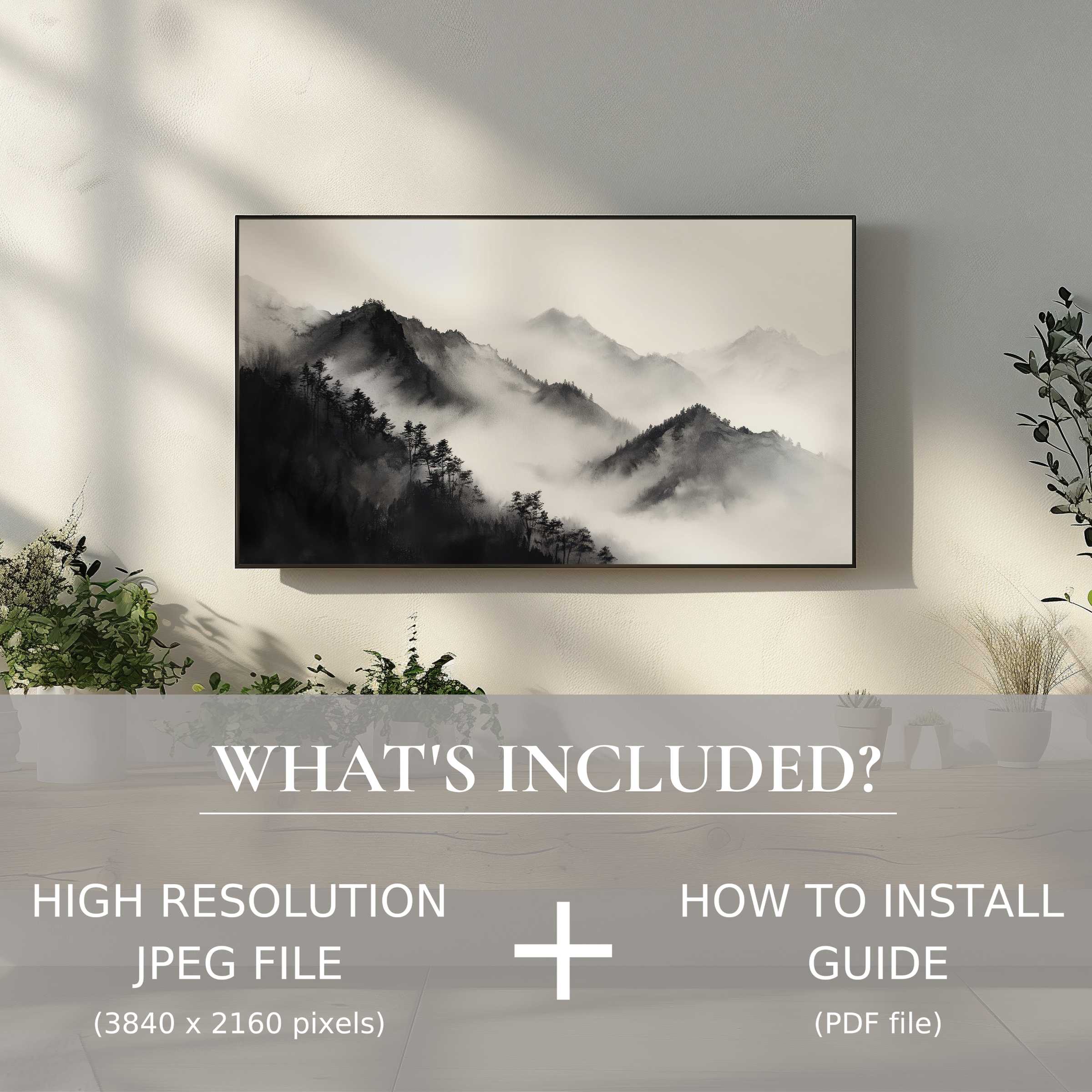 Elegant black and white digital TV art download bringing serene mountain mist to enhance your modern living space easily