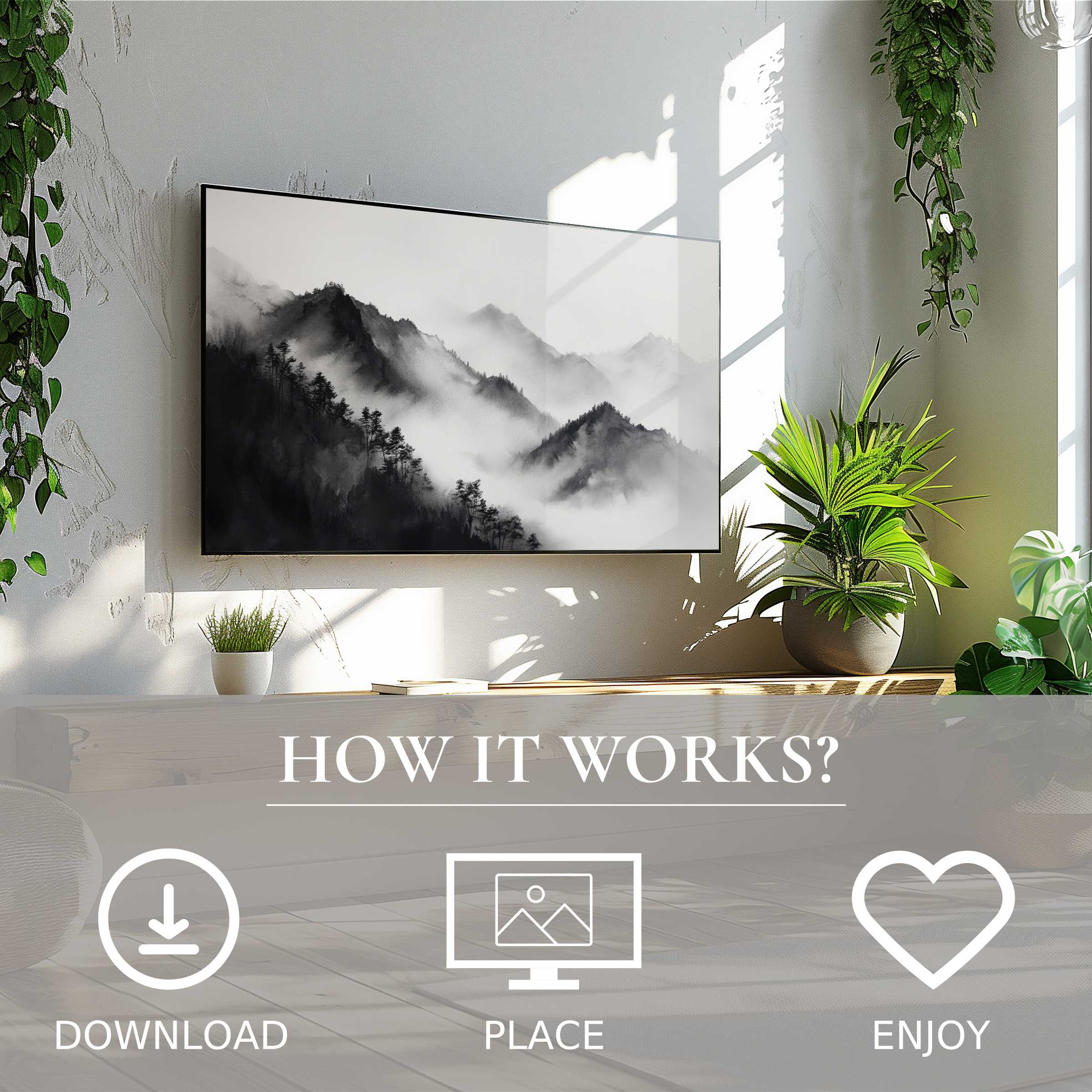 Black and white art for Samsung TV shows misty mountain flow, easy digital download enriches your modern living space