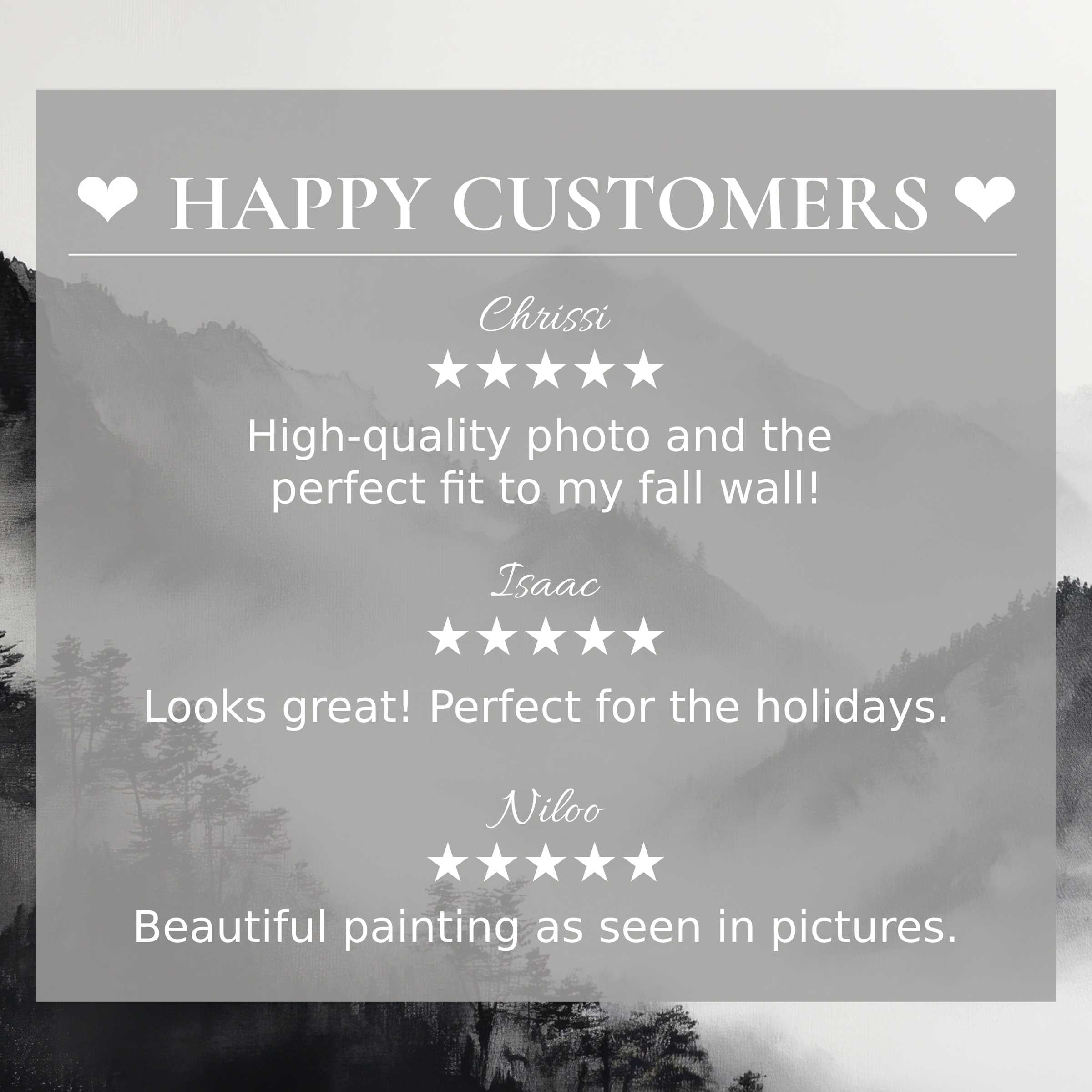 Black and white art for Frame TV with misty mountain background, showcasing reviews from happy customer for elegant appeal