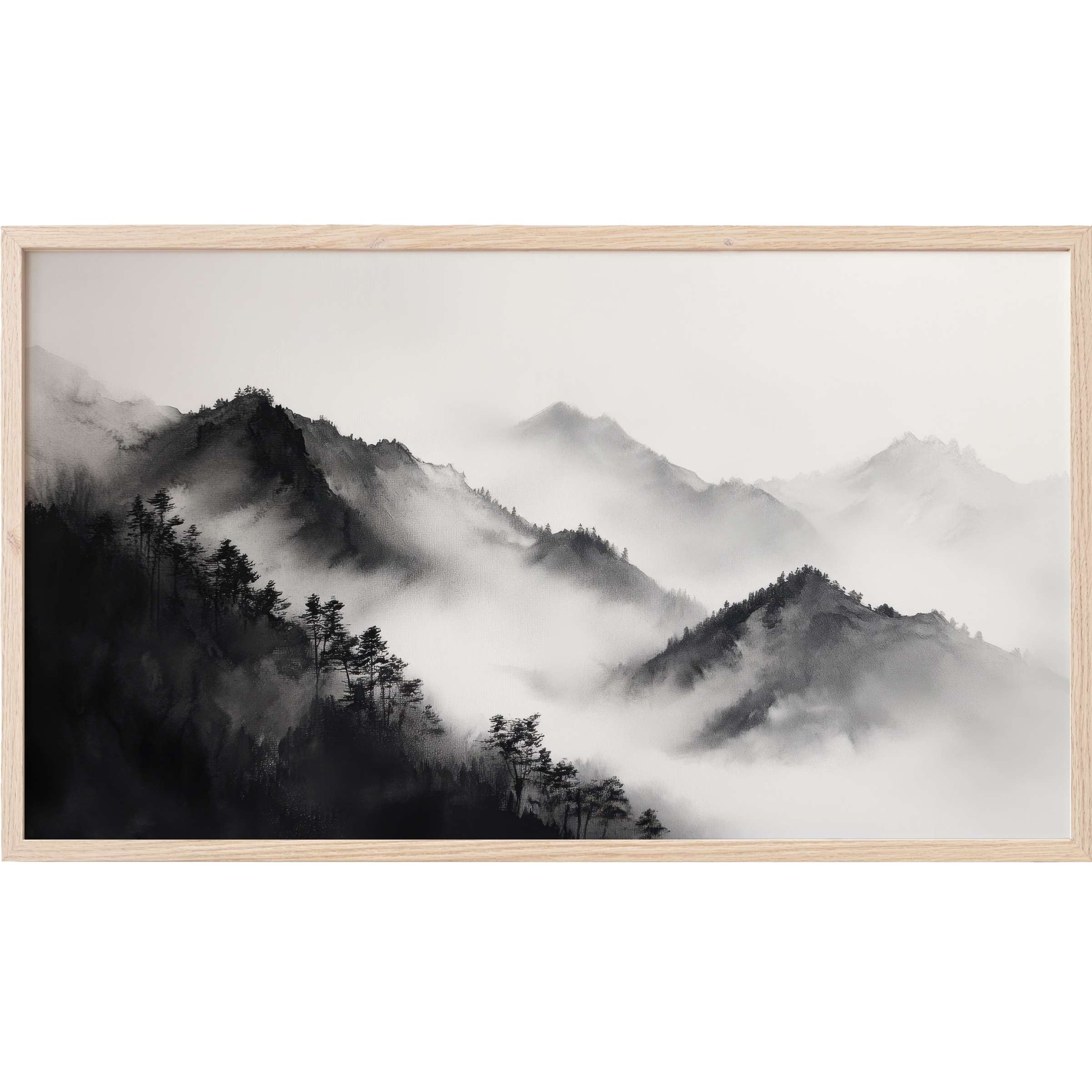 Serene misty mountain landscape in soft grayscale tones, framed for stylish black and white Frame TV Art